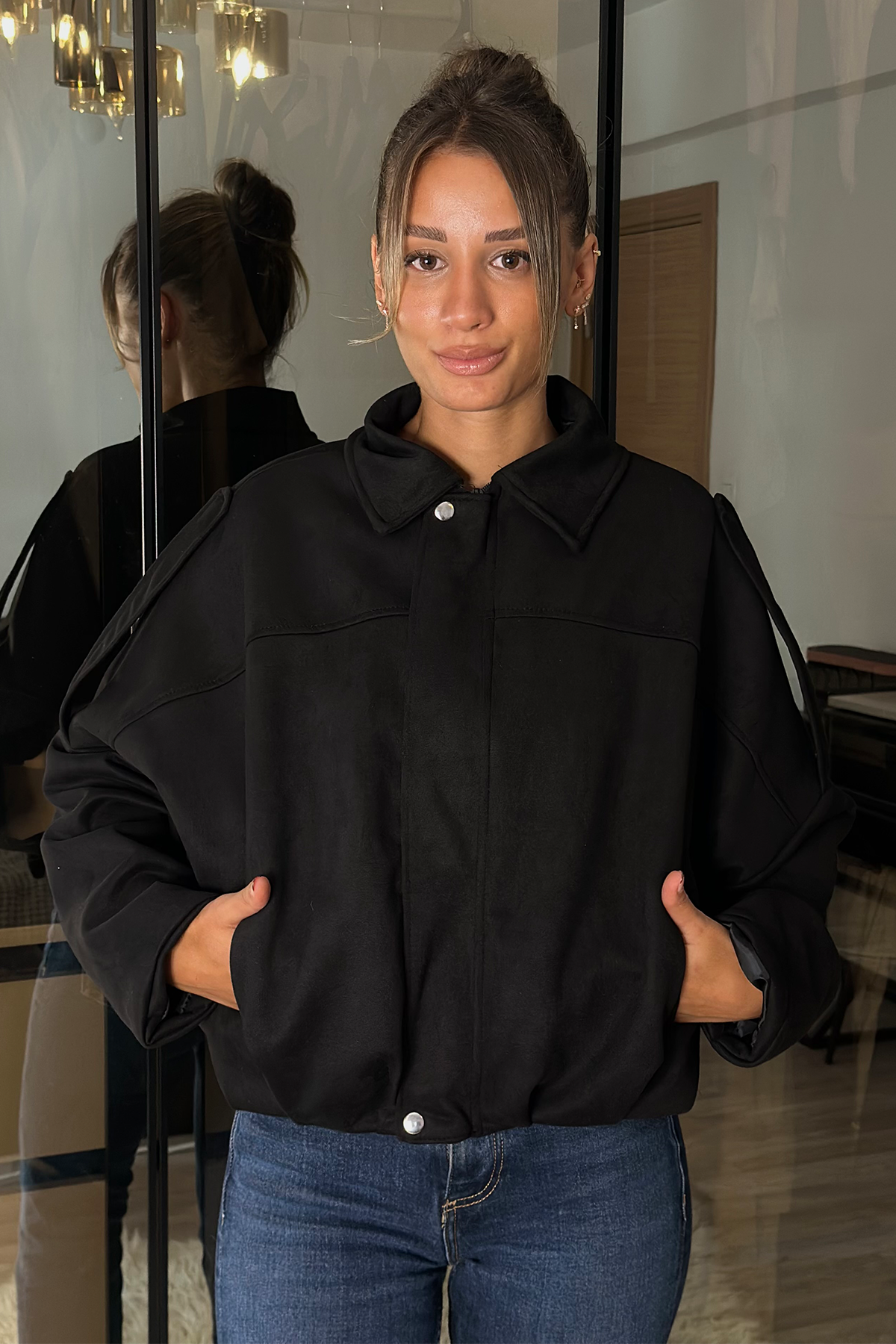 Alice Oversize Siyah Bomber Viral Süet Ceket