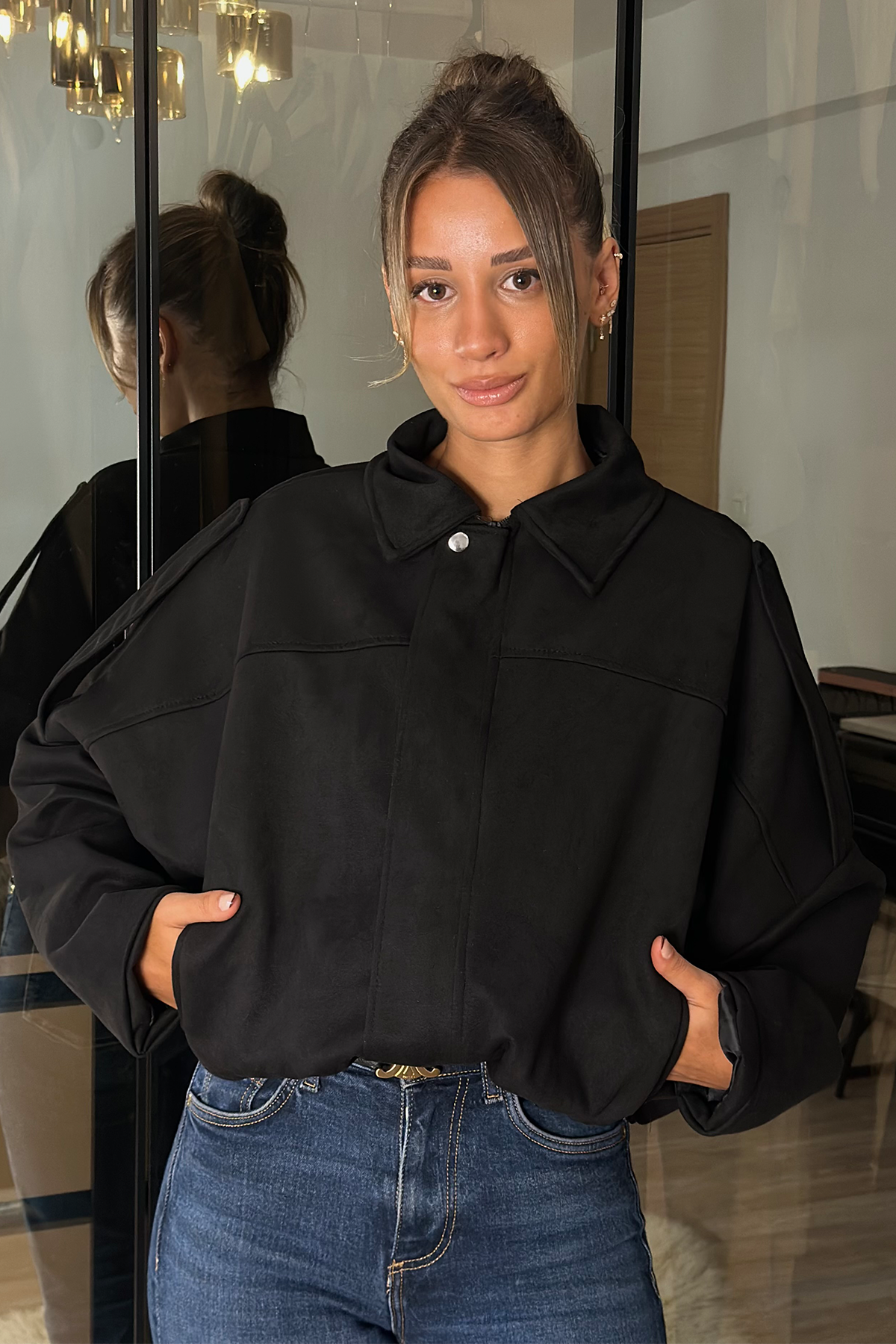 Alice Oversize Siyah Bomber Viral Süet Ceket