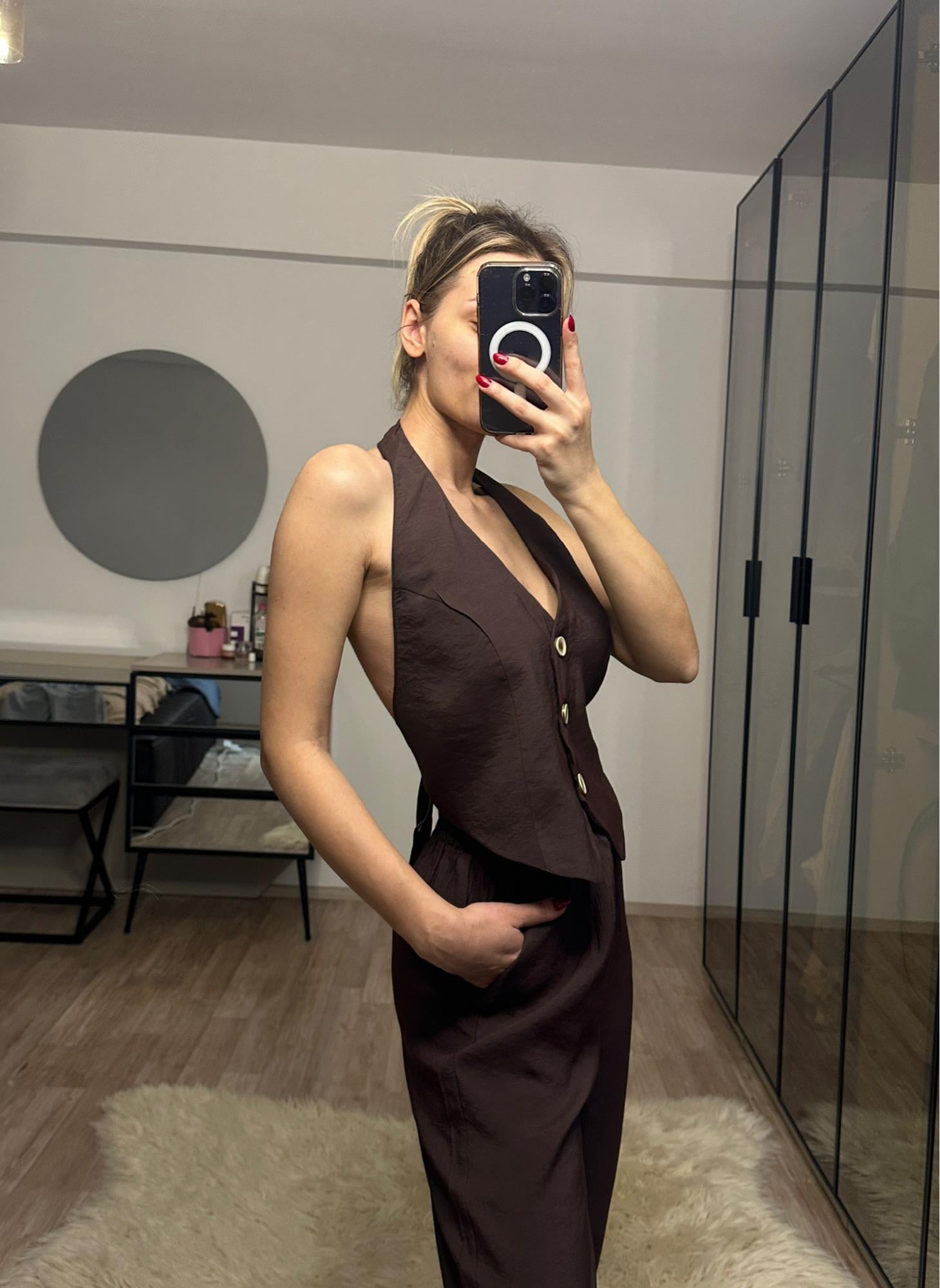 Alya Acı Kahve Tensel Yelek Pantolon Takım