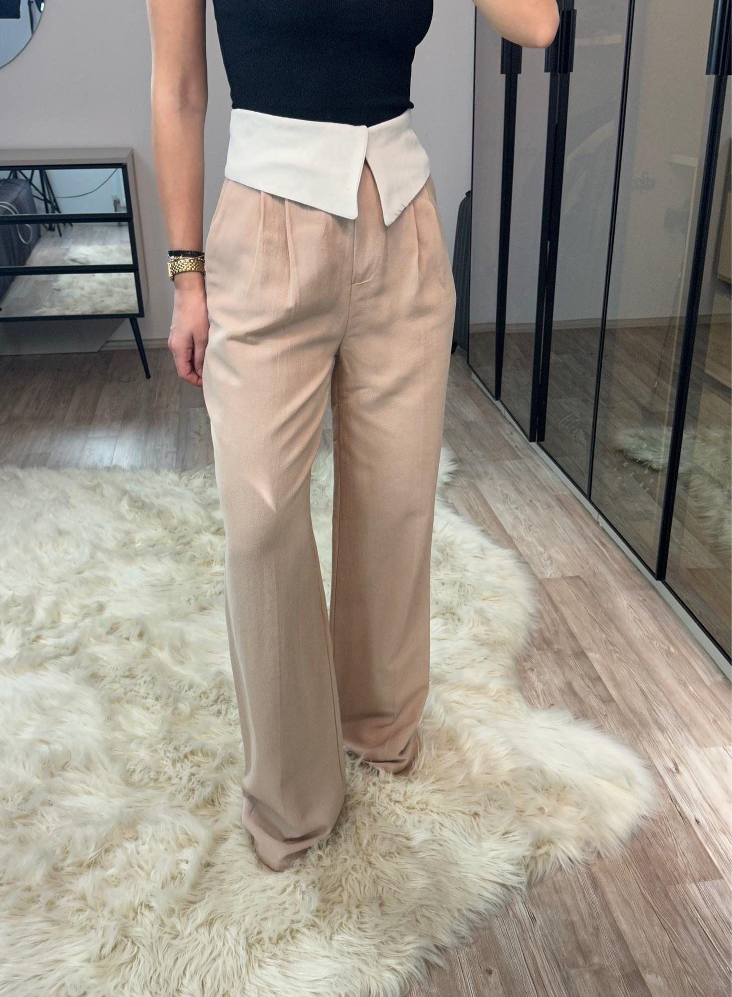Belinda Pudra %100 Ham Keten Kemer Detaylı Pantolon