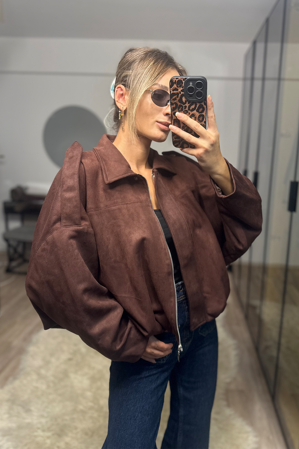 Betty Acı Kahve Oversize Kadın Bomber Süet Deri Ceket