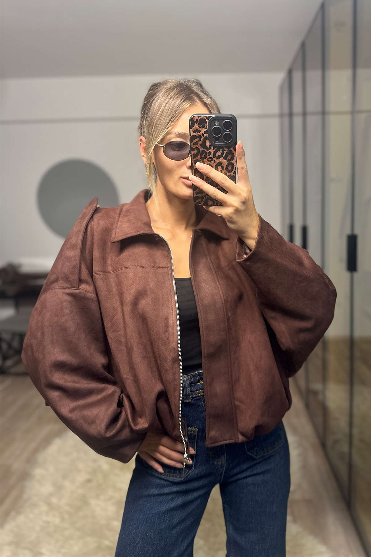 Betty Acı Kahve Oversize Kadın Bomber Süet Deri Ceket