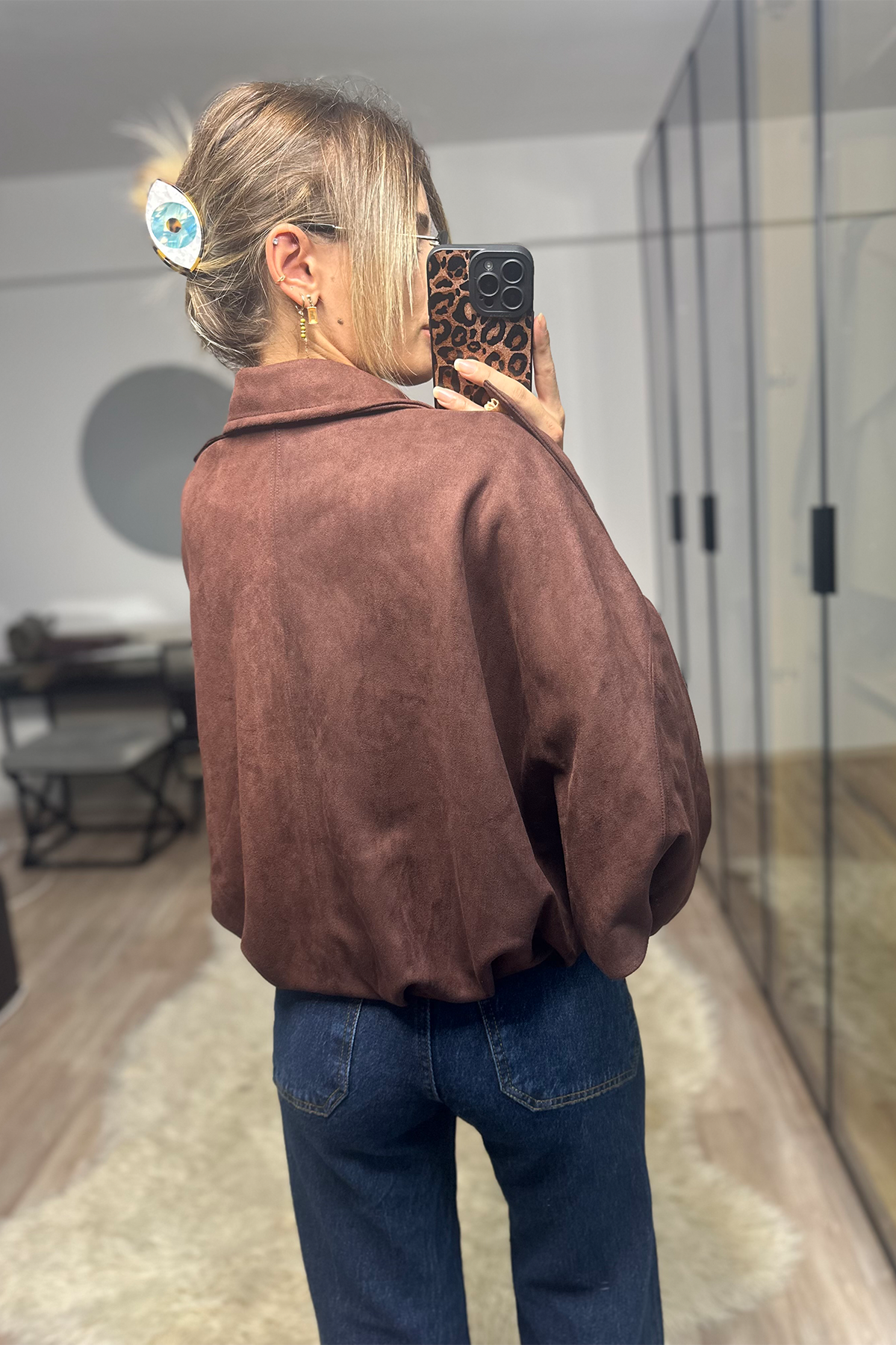 Betty Acı Kahve Oversize Kadın Bomber Süet Deri Ceket
