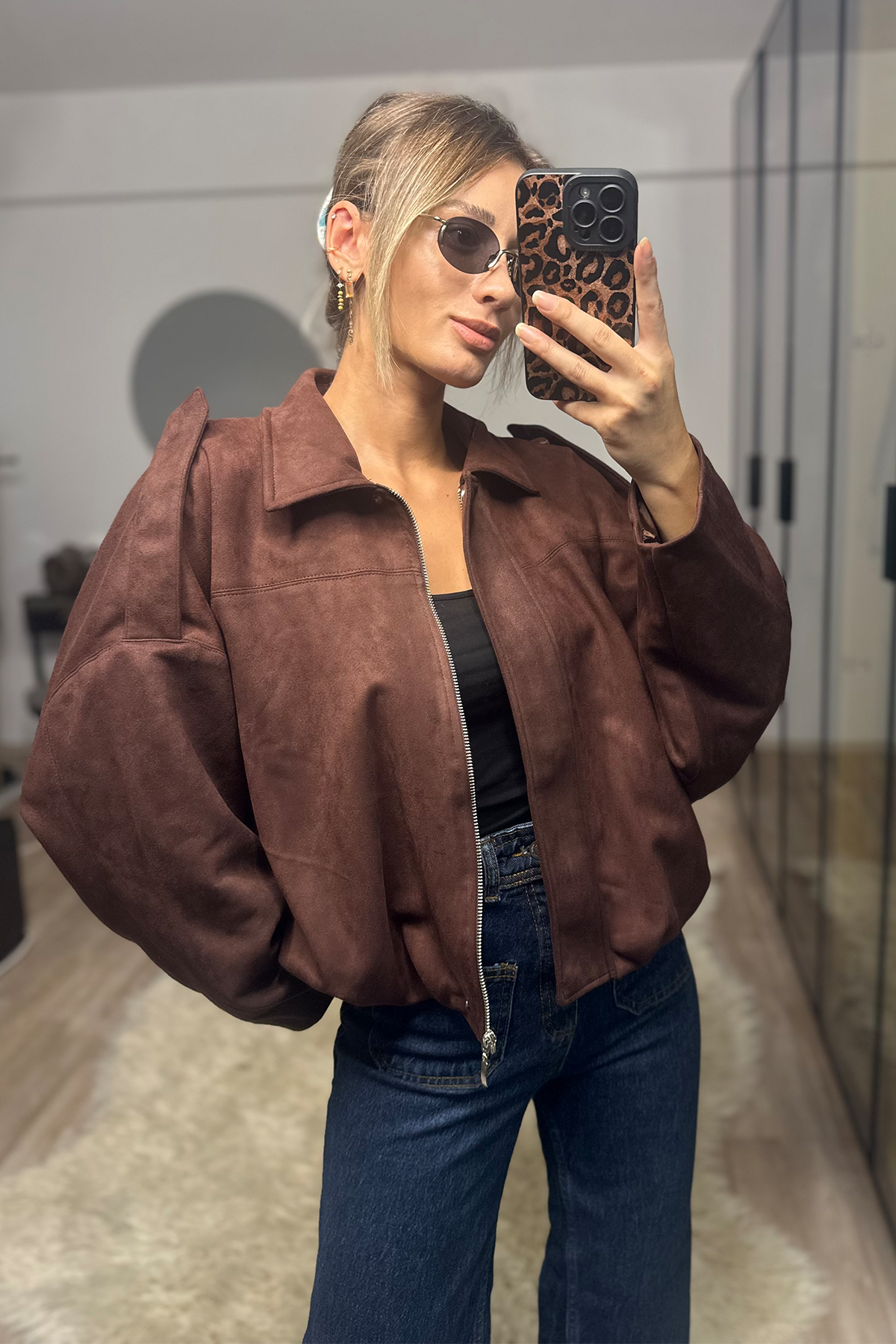 Betty Acı Kahve Oversize Kadın Bomber Süet Deri Ceket