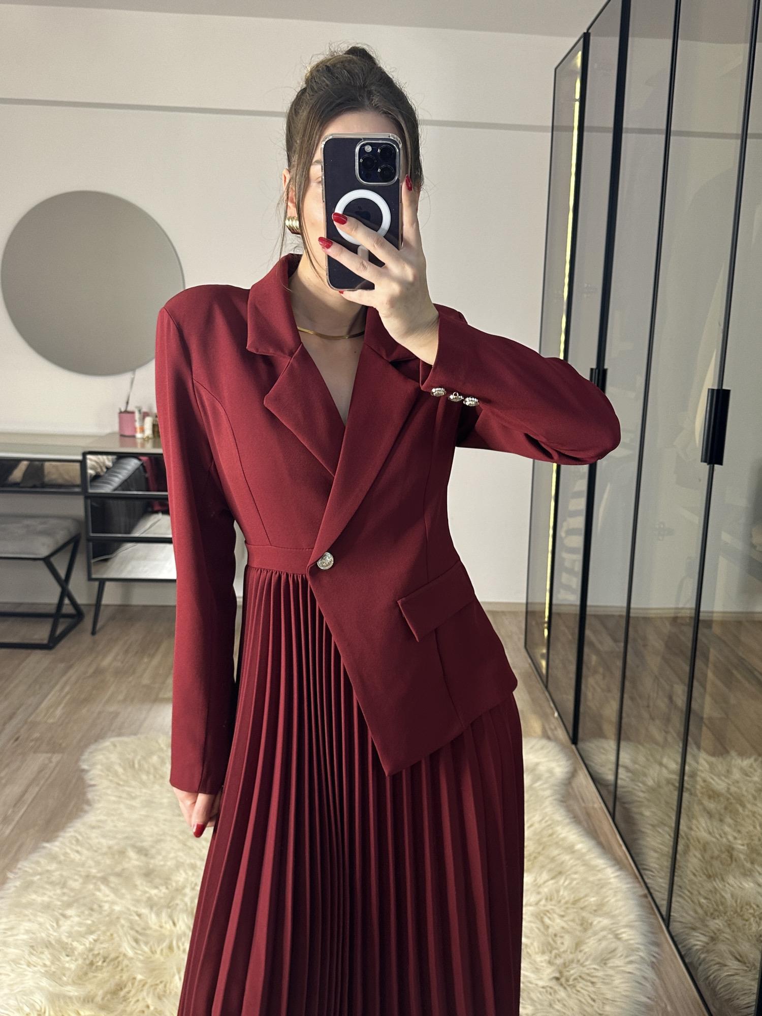 Blazer Ceketli Pileli Bordo Elbise