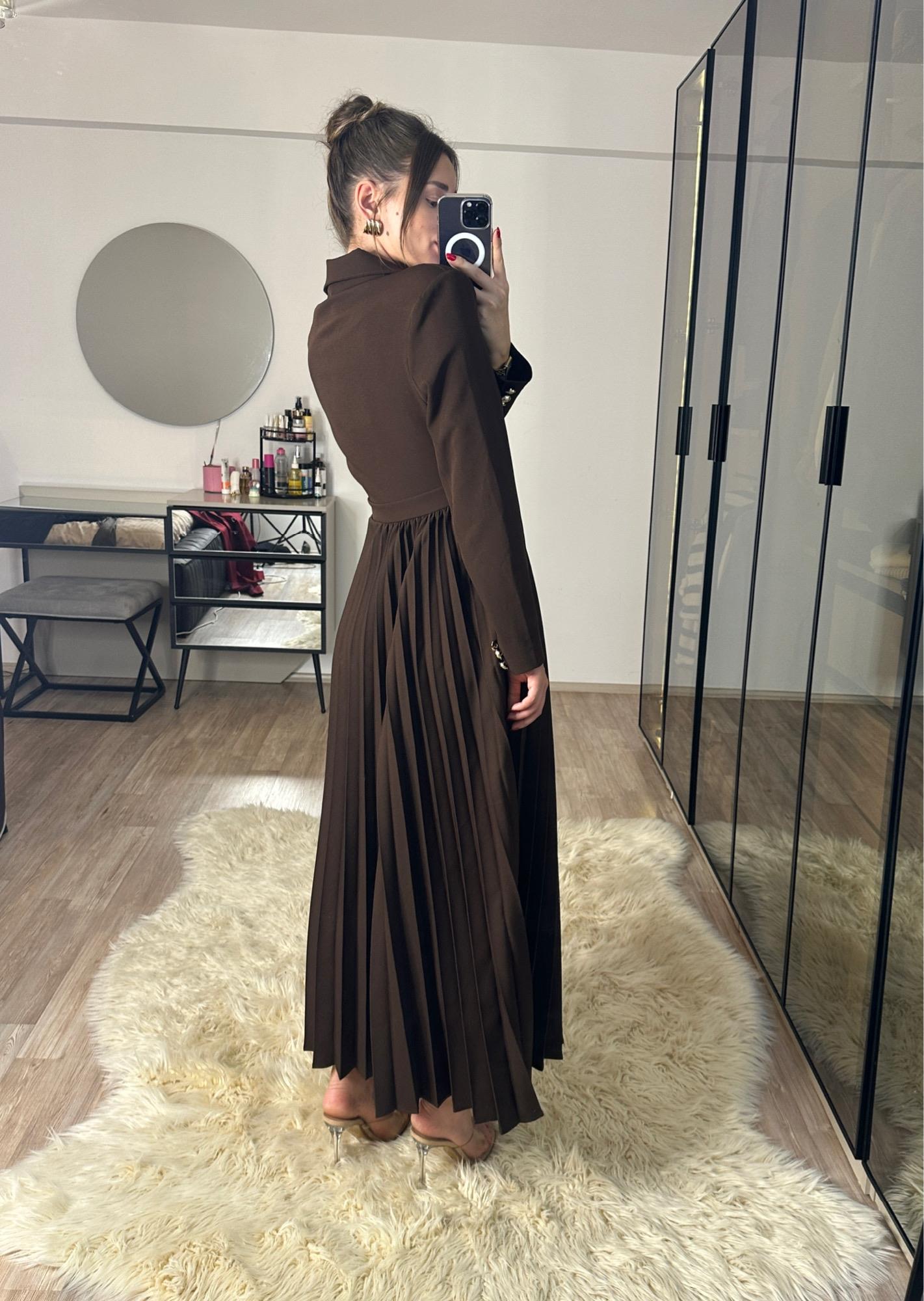 Blazer Ceketli Pileli Kahverengi Elbise
