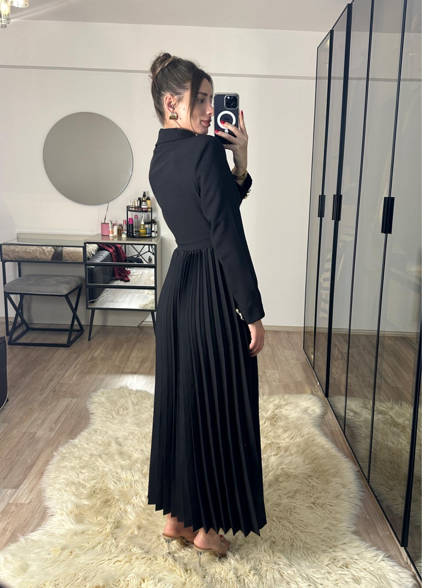 Blazer Ceketli Pileli Siyah Elbise