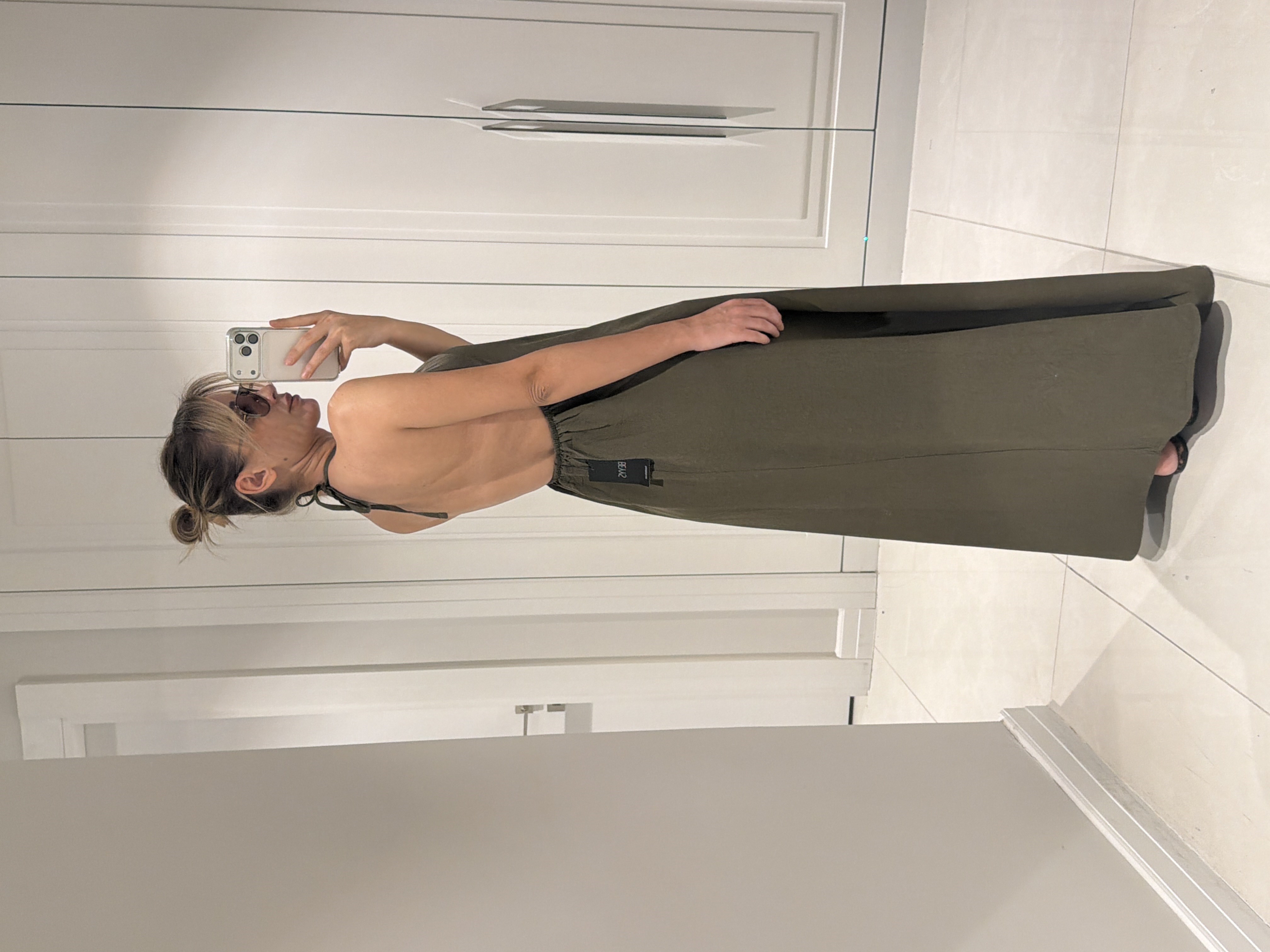 Cara Haki Halter Yaka Sırt Dekolteli %100 Bambu Keten Elbise