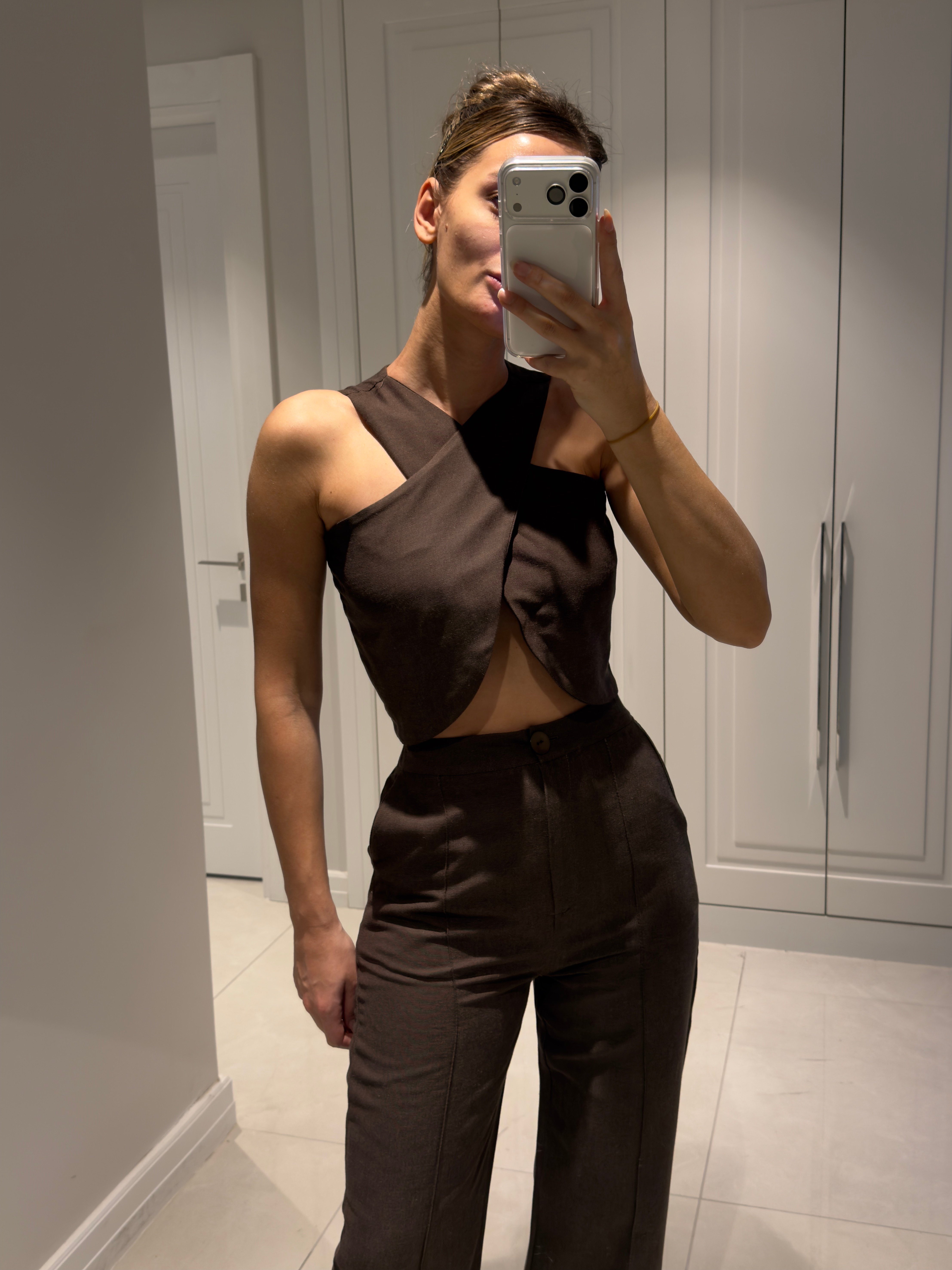 Edna Acı Kahve Bambu Keten Asimetrik Bluz Pantolon Takım
