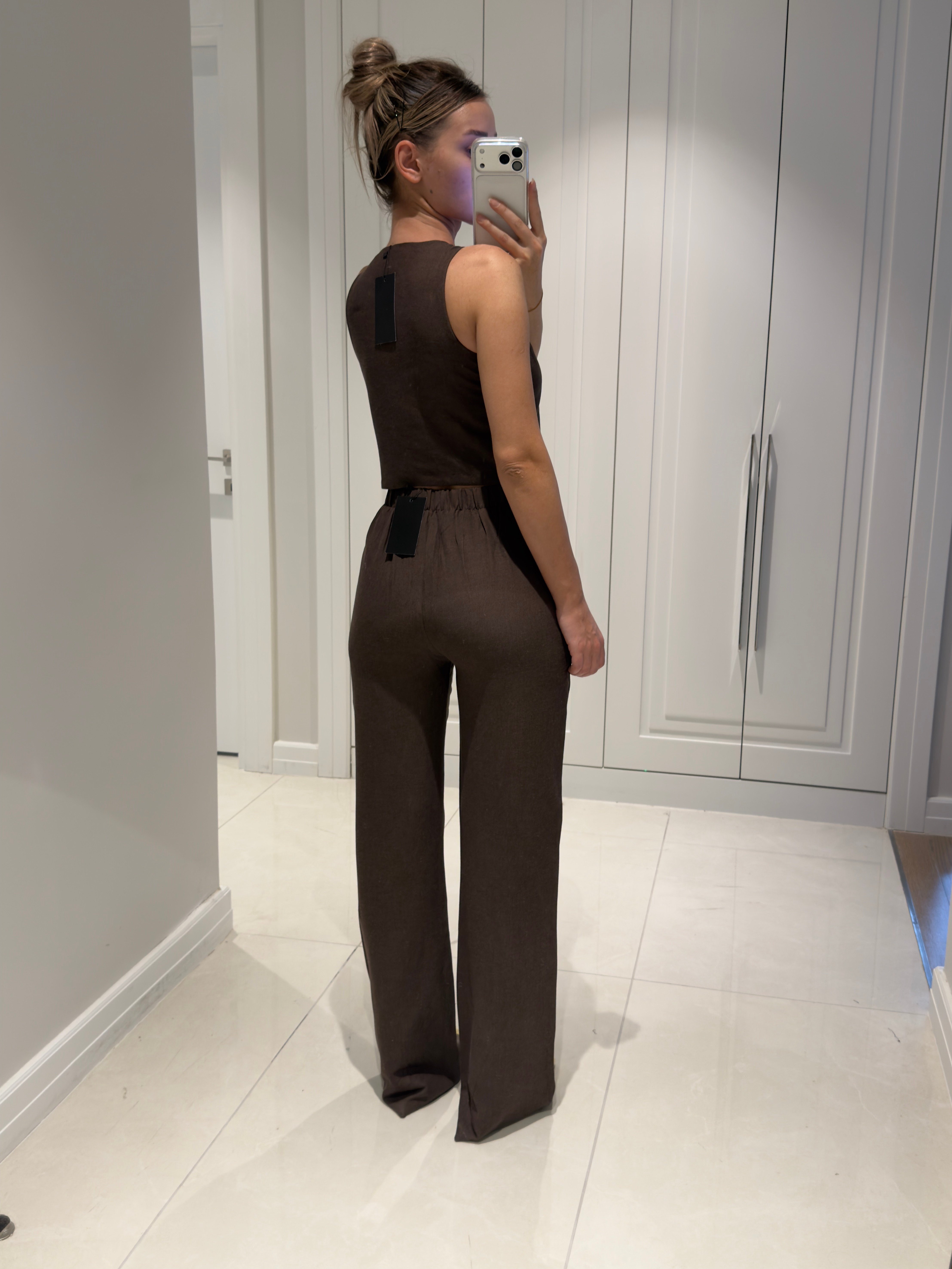 Edna Acı Kahve Bambu Keten Asimetrik Bluz Pantolon Takım