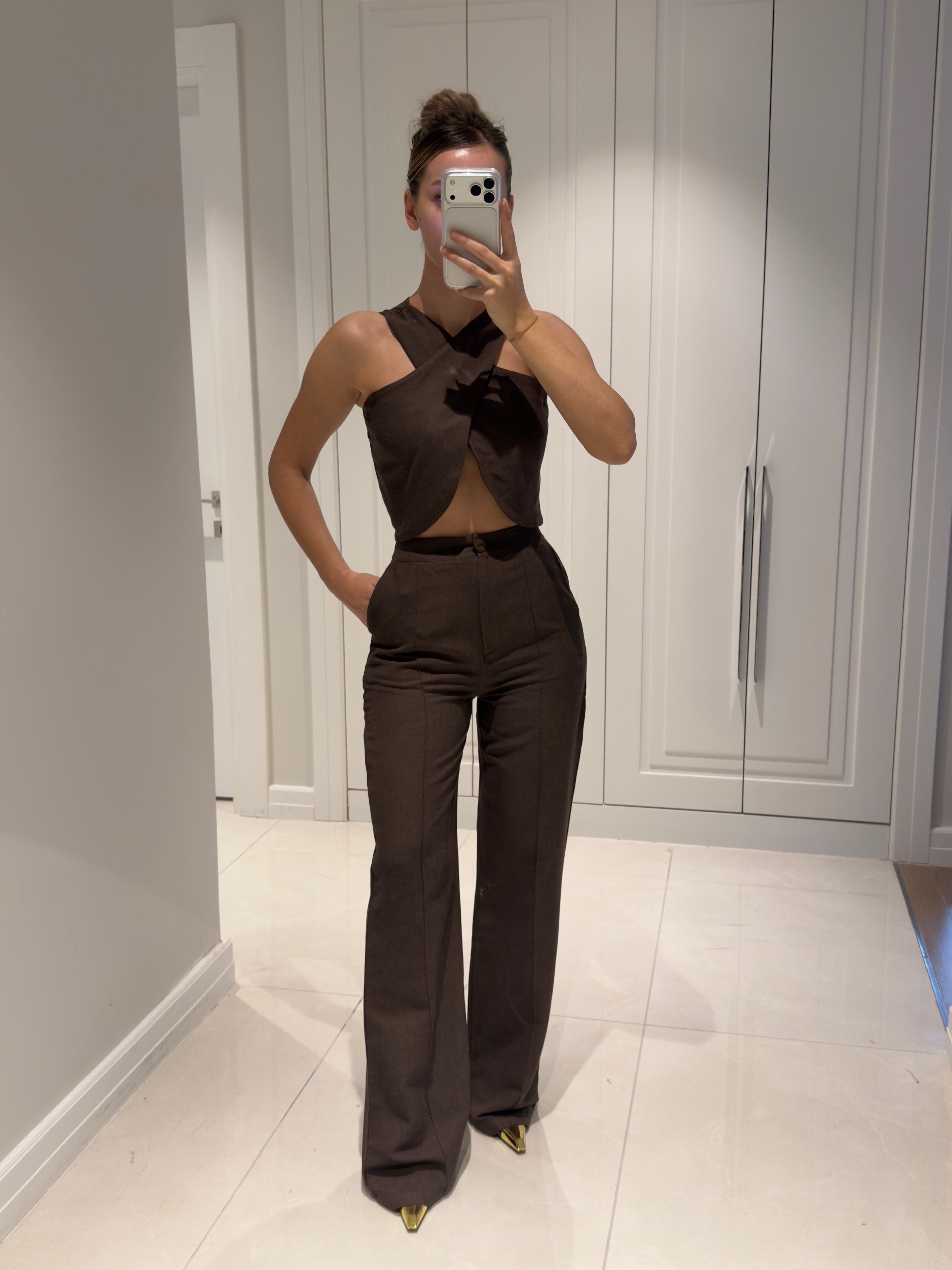 Edna Acı Kahve Bambu Keten Asimetrik Bluz Pantolon Takım