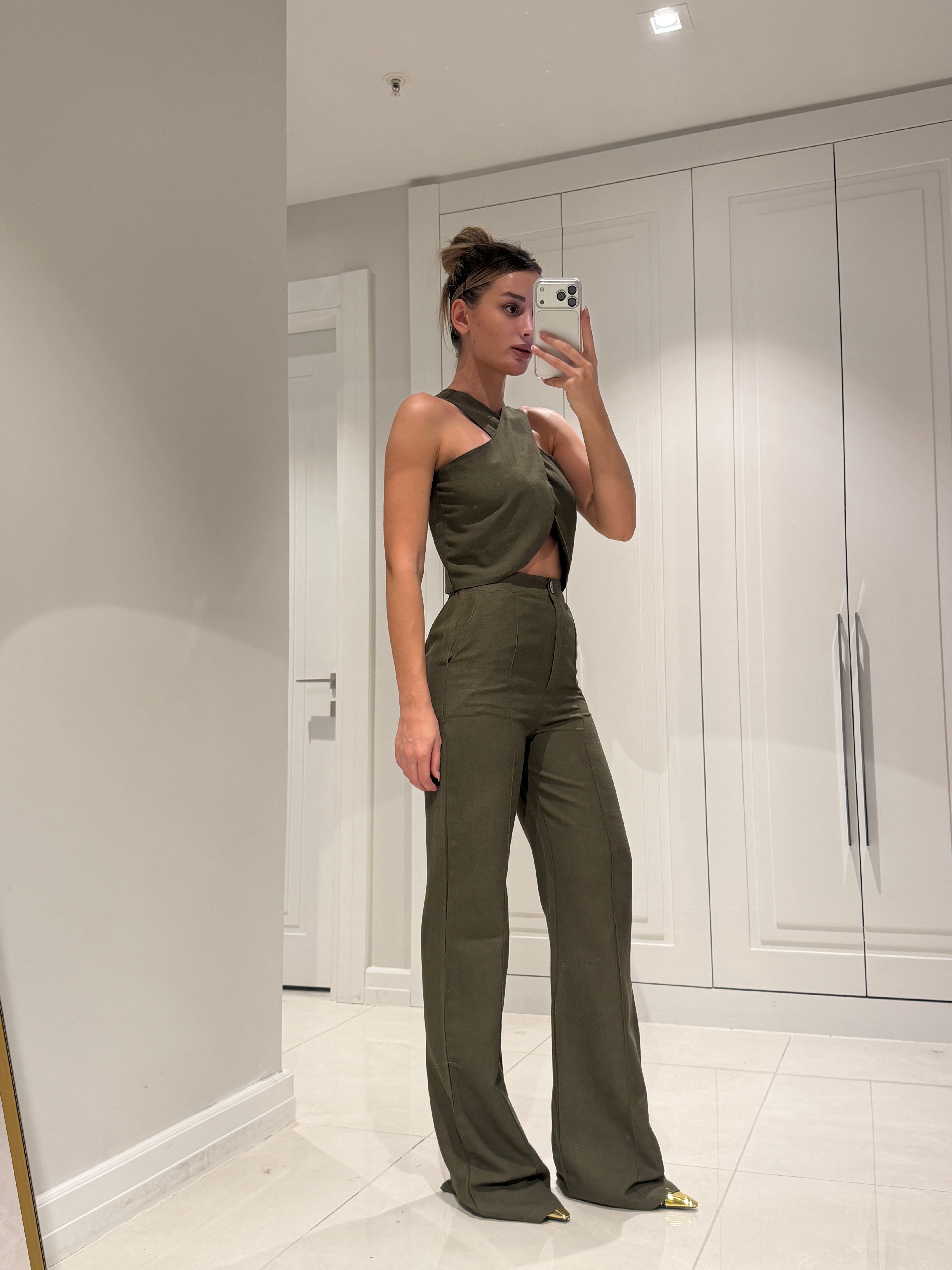 Edna Haki Bambu Keten Asimetrik Bluz Pantolon Takım