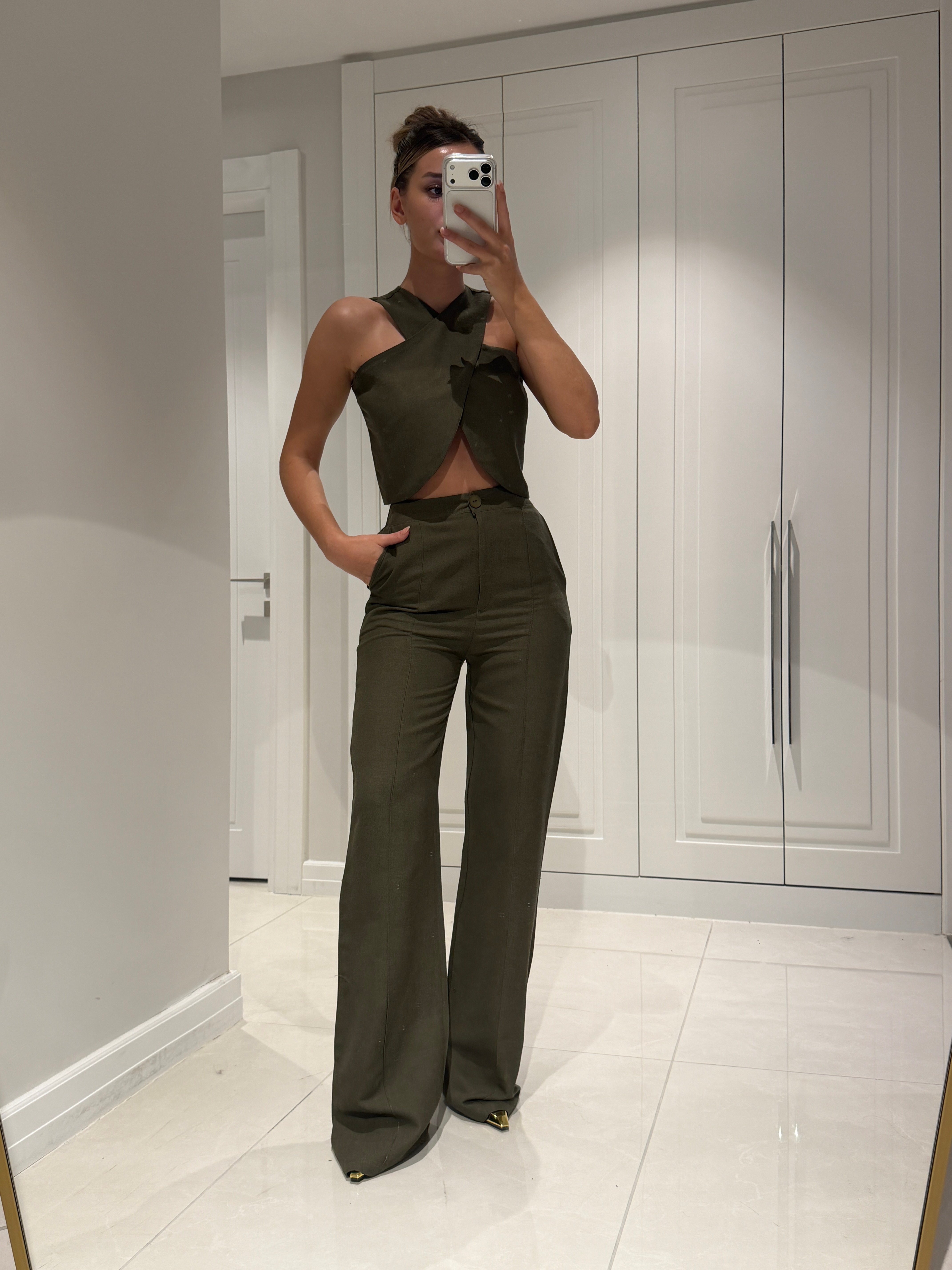 Edna Haki Bambu Keten Asimetrik Bluz Pantolon Takım