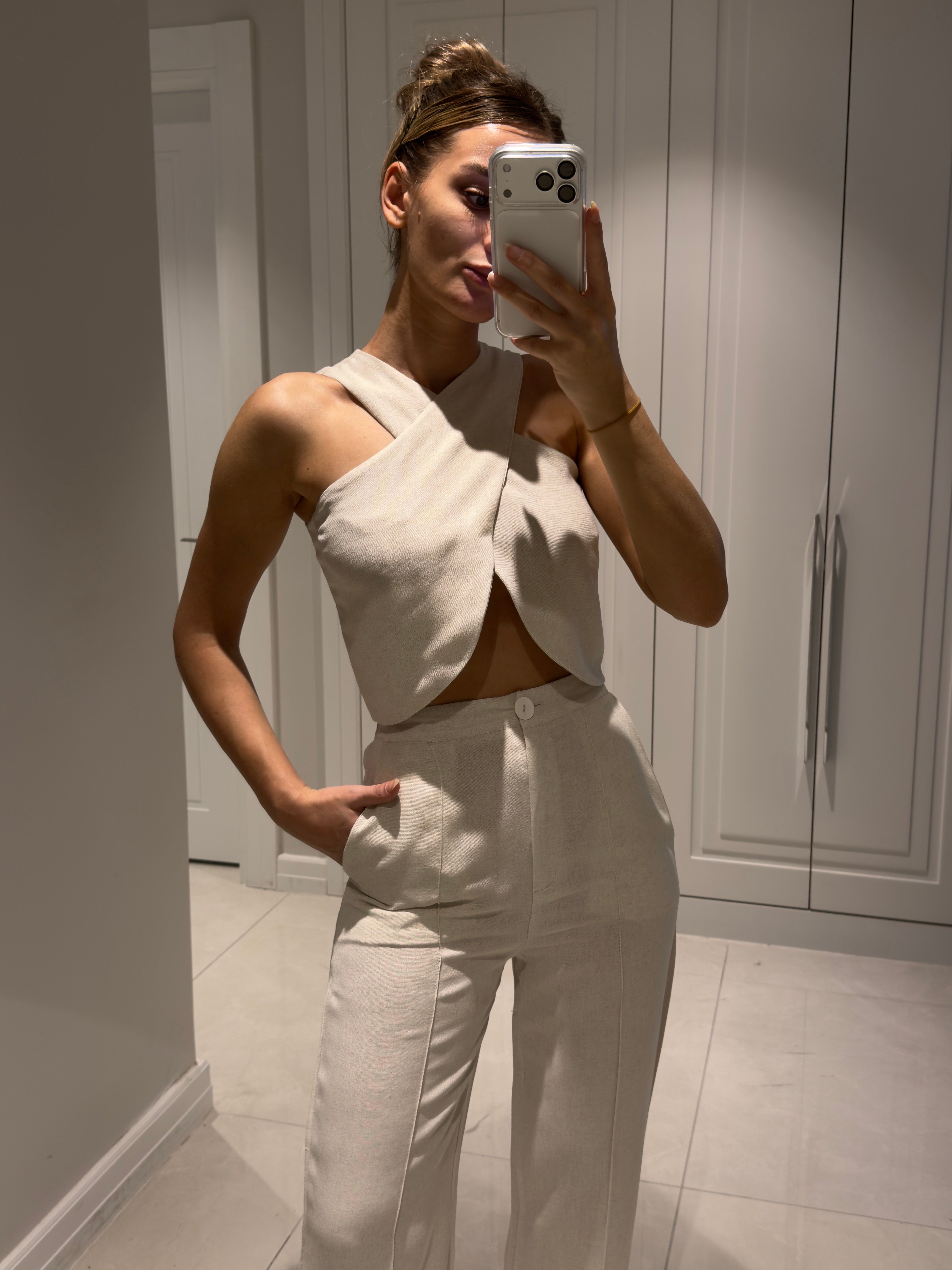 Edna Natür Bambu Keten Asimetrik Bluz Pantolon Takım