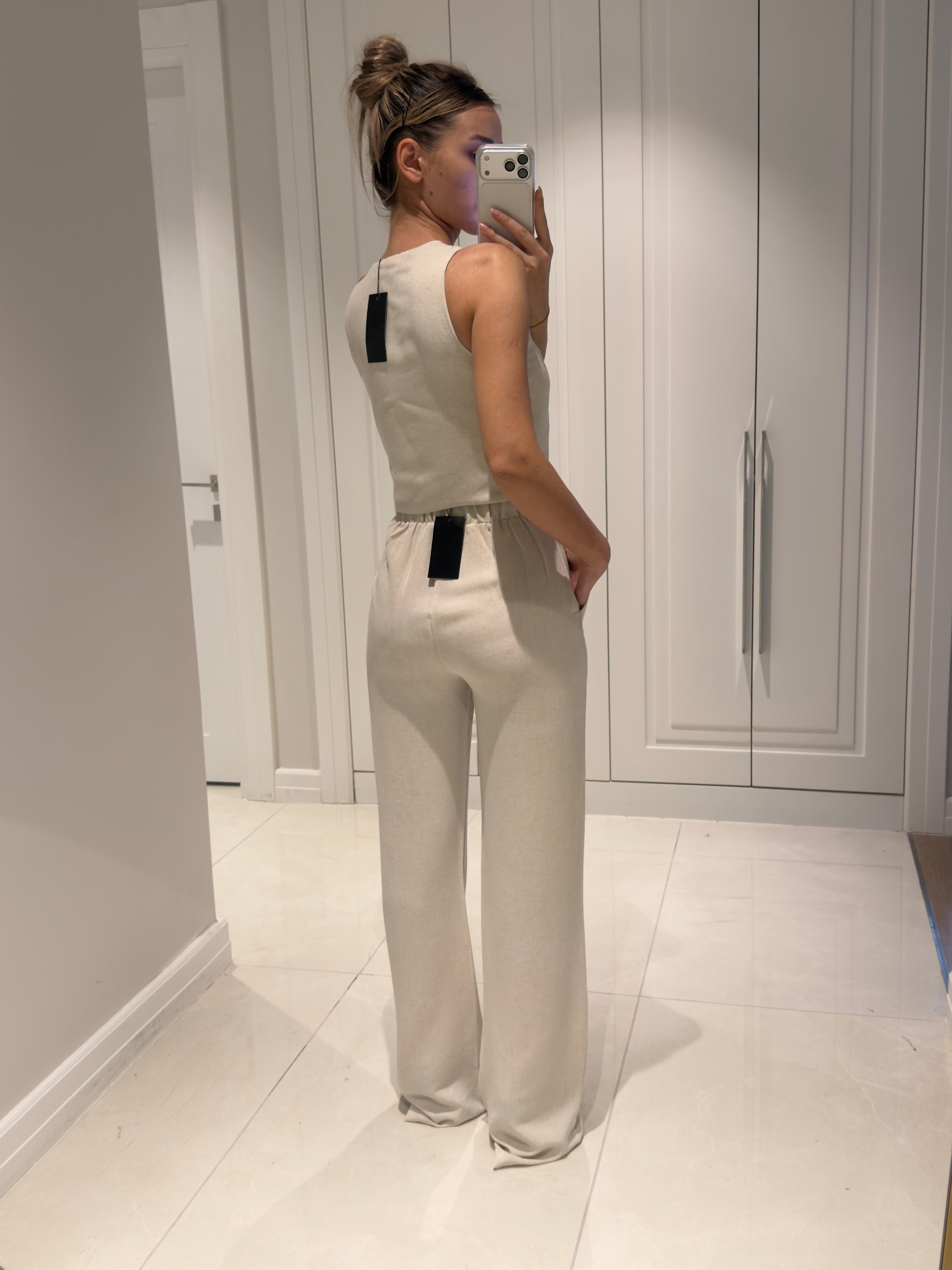 Edna Natür Bambu Keten Asimetrik Bluz Pantolon Takım
