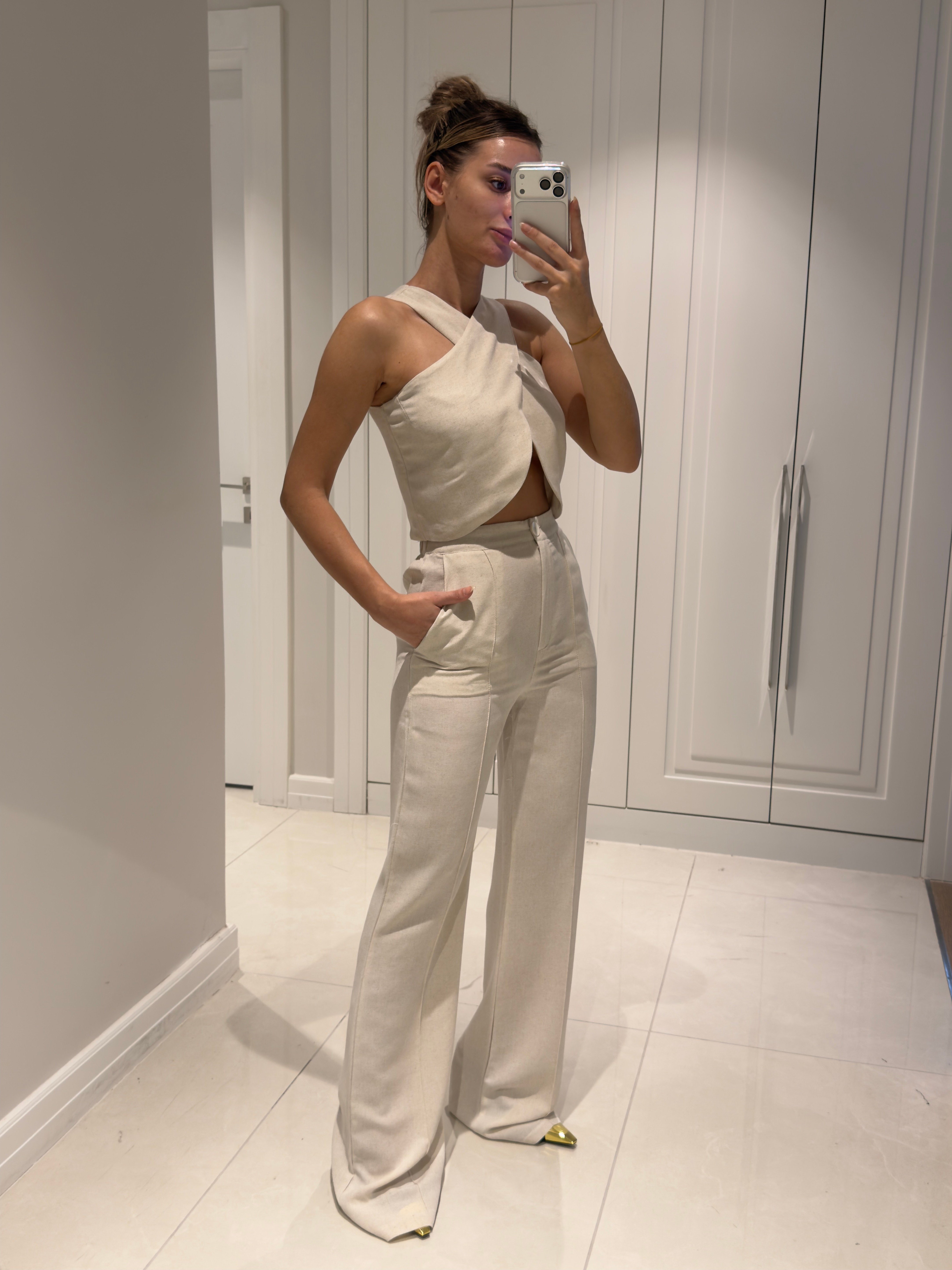 Edna Natür Bambu Keten Asimetrik Bluz Pantolon Takım