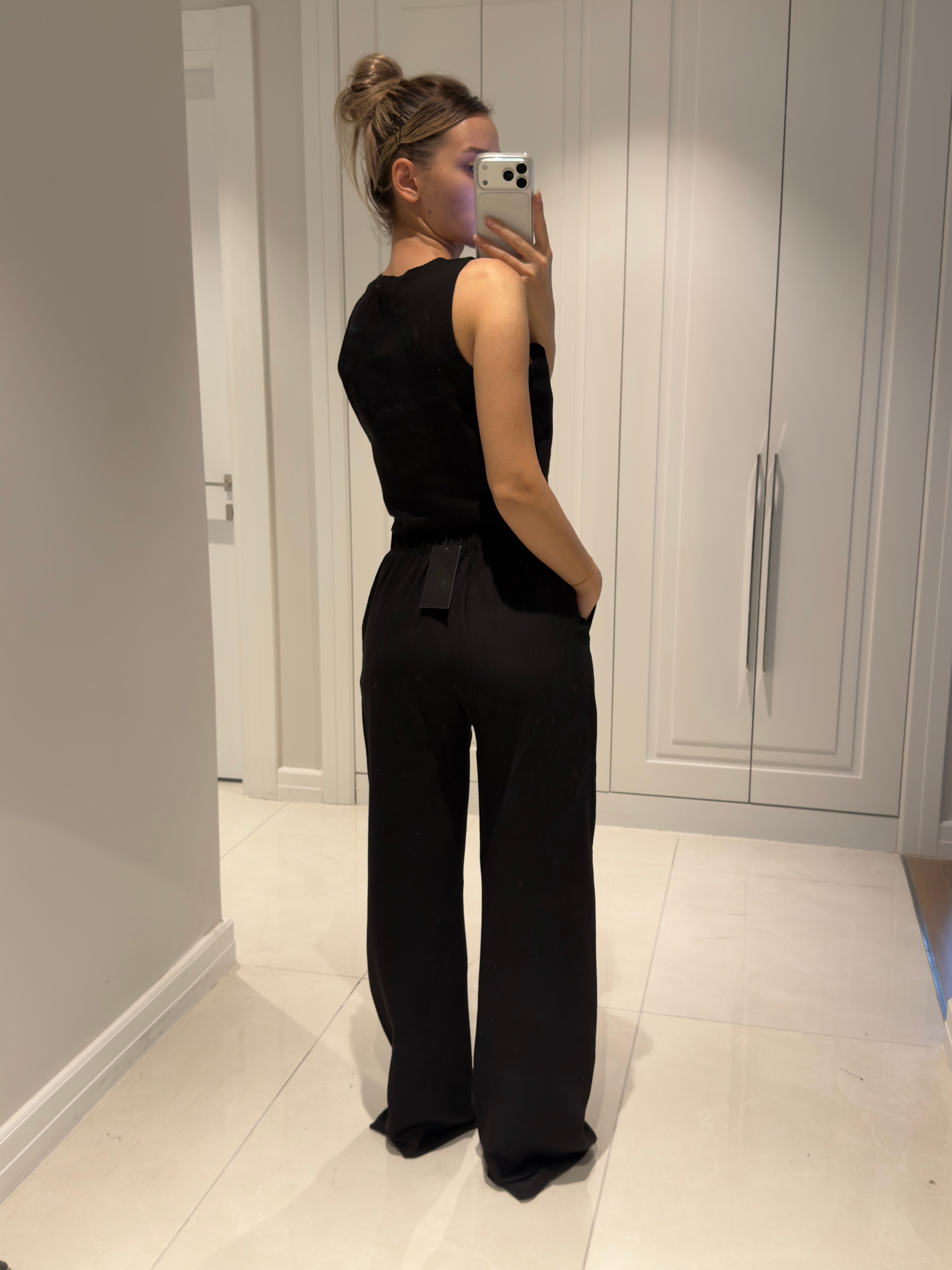 Edna Siyah Bambu Keten Asimetrik Bluz Pantolon Takım