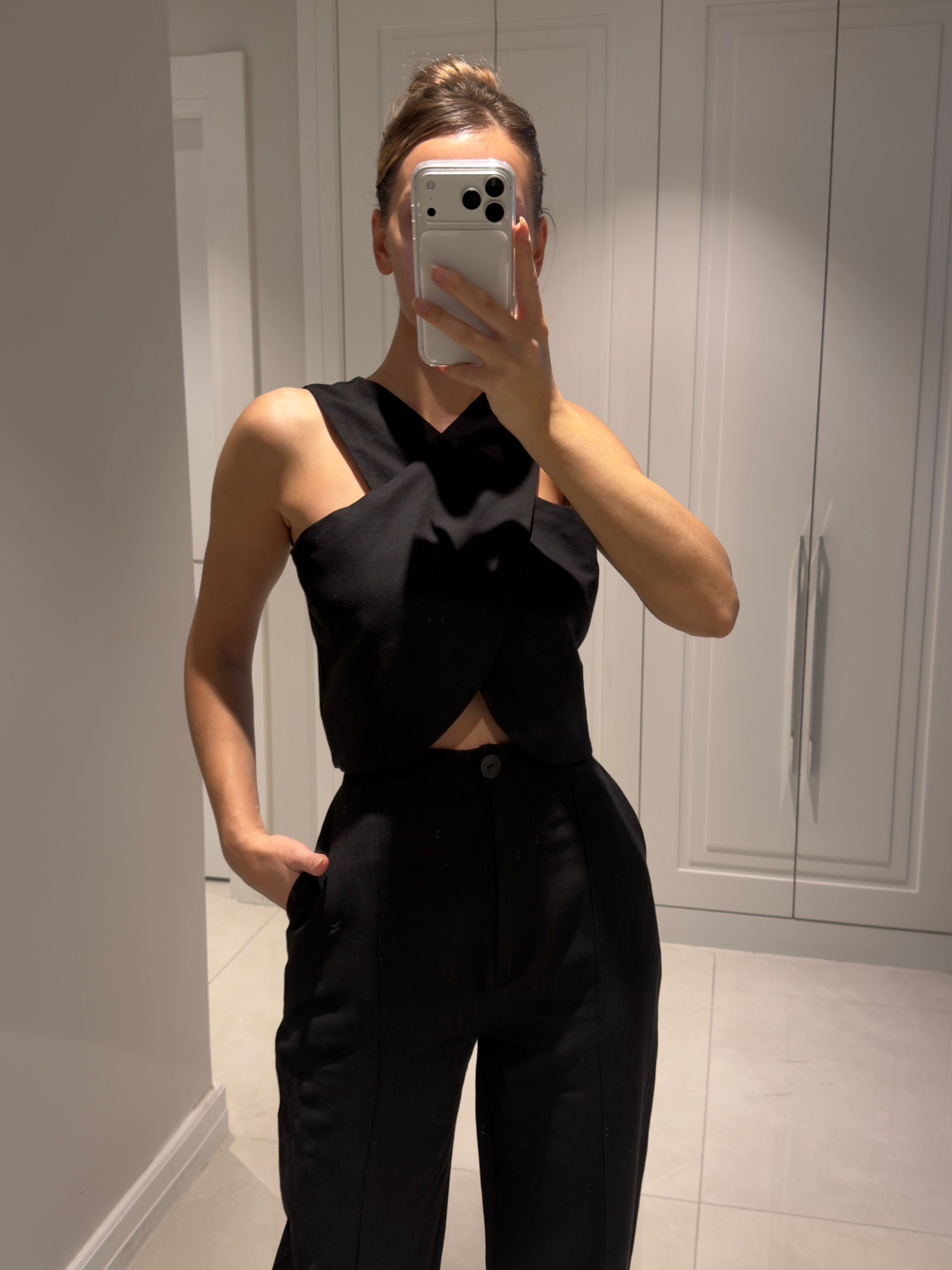 Edna Siyah Bambu Keten Asimetrik Bluz Pantolon Takım
