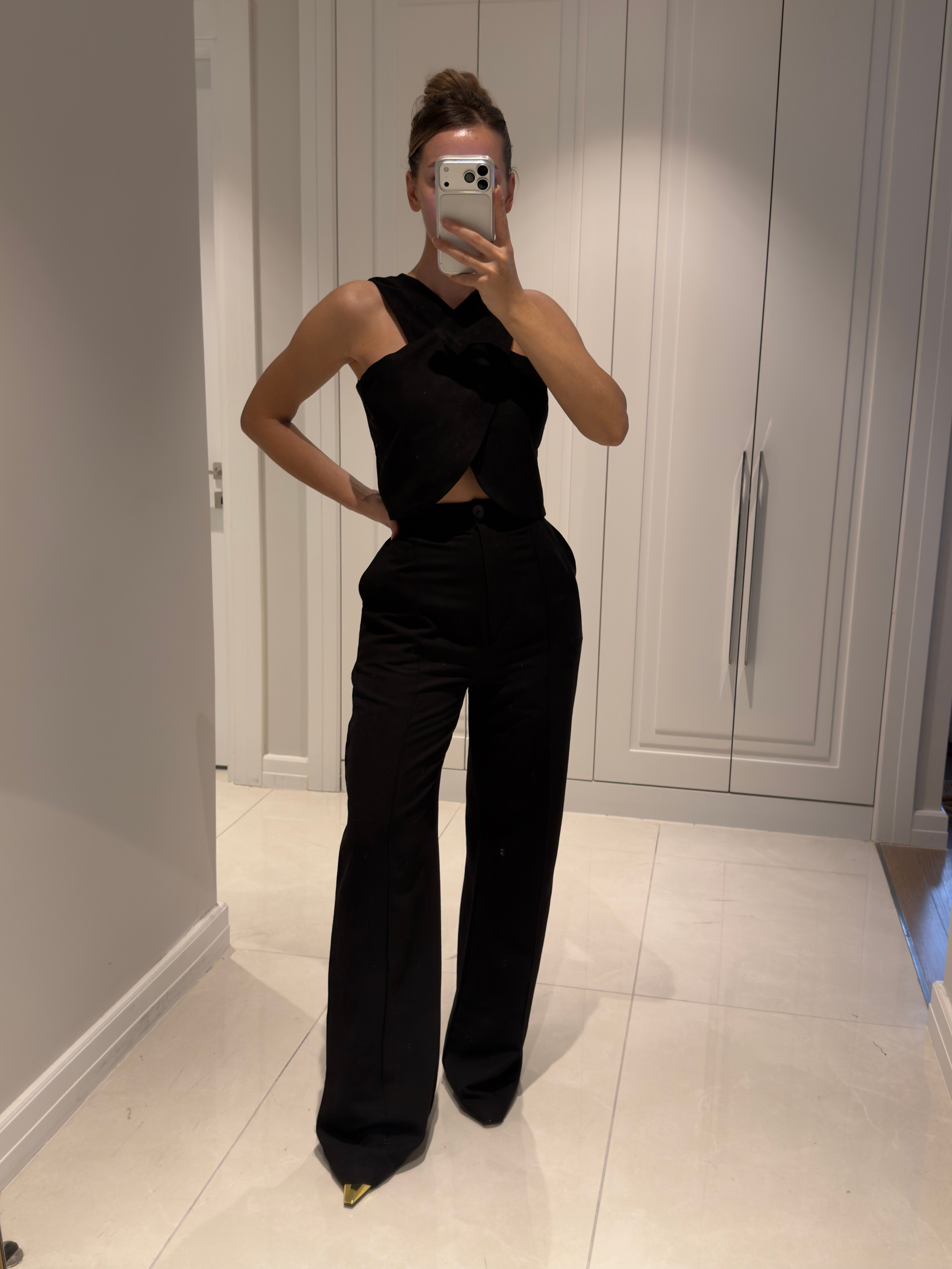 Edna Siyah Bambu Keten Asimetrik Bluz Pantolon Takım