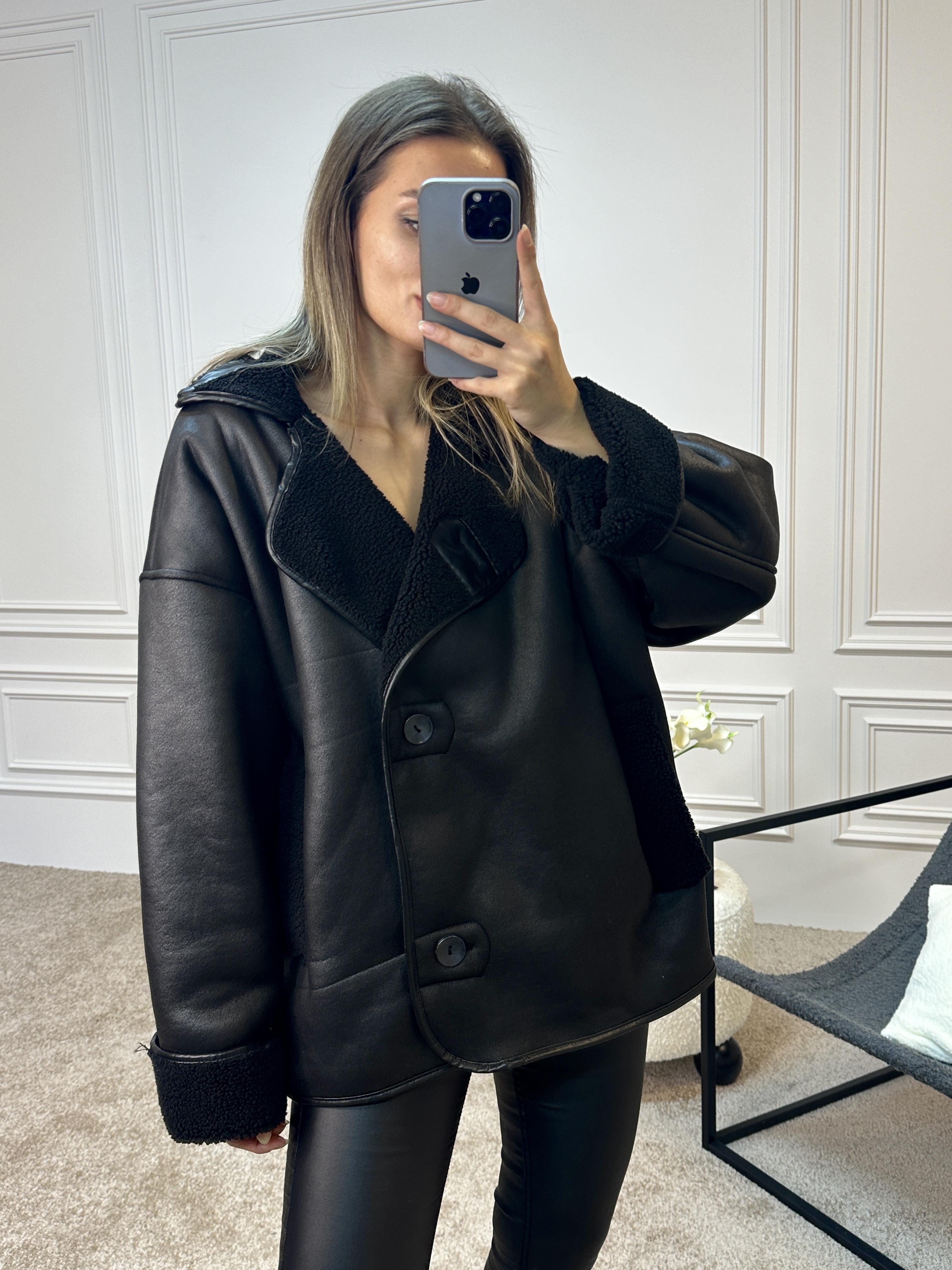 Else Siyah Dokulu Süet İçi Peluşlu Oversize ZR Model Mont