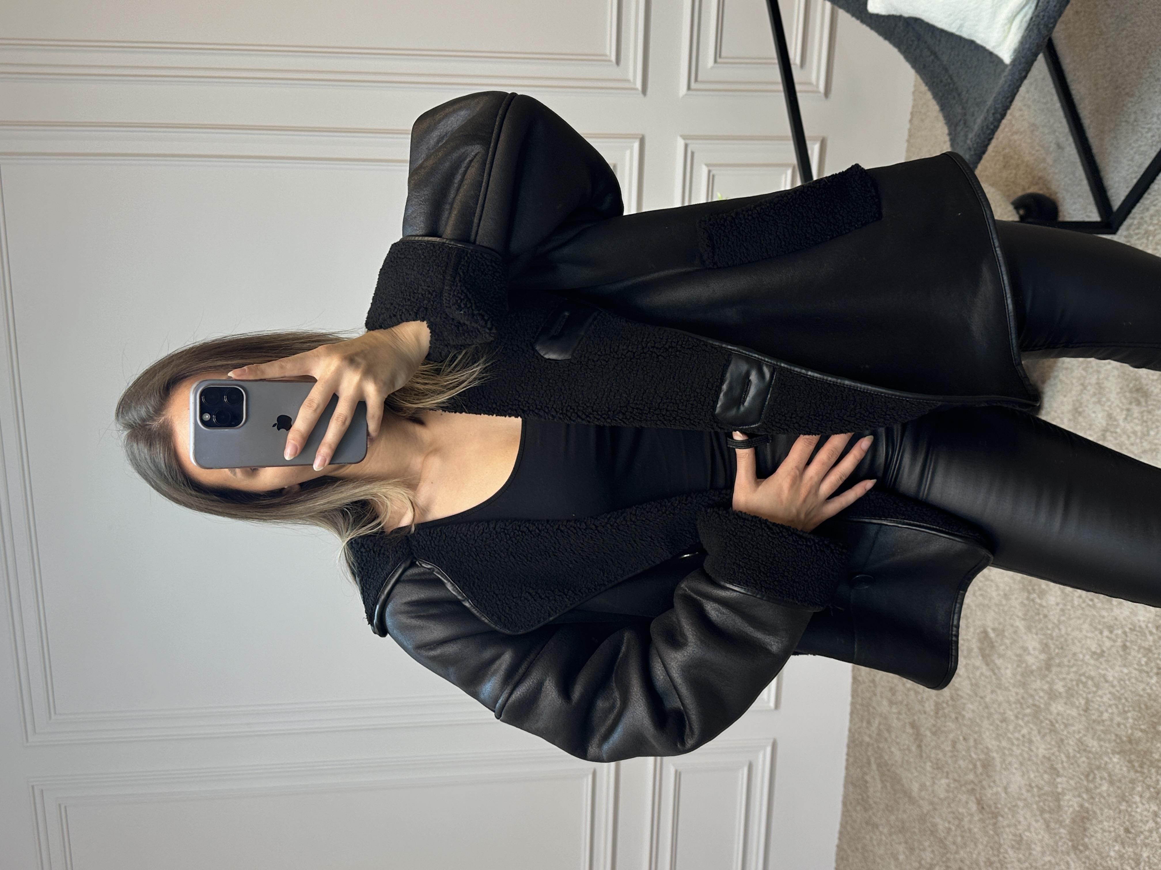 Else Siyah Dokulu Süet İçi Peluşlu Oversize ZR Model Mont