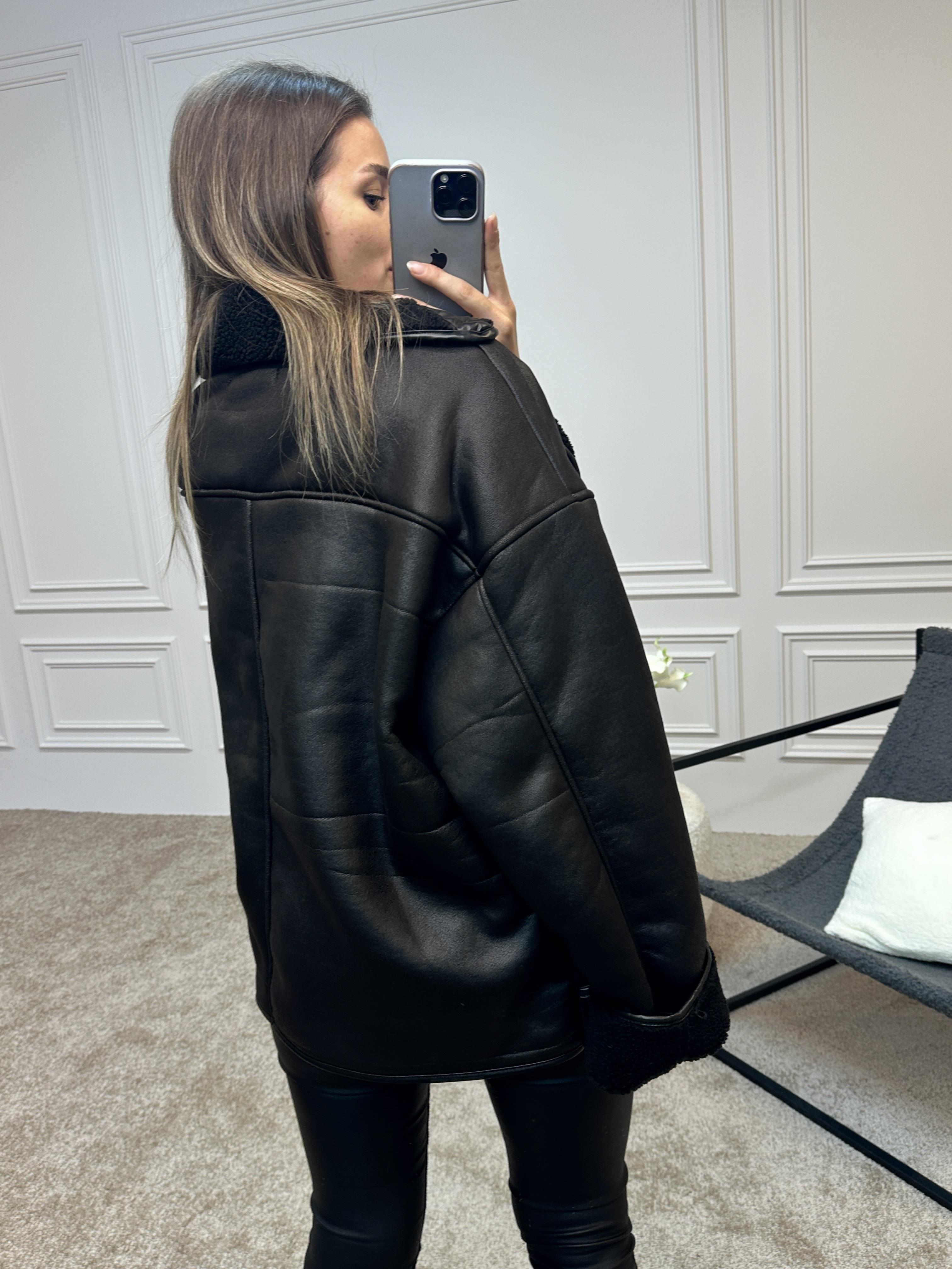 Else Siyah Dokulu Süet İçi Peluşlu Oversize ZR Model Mont