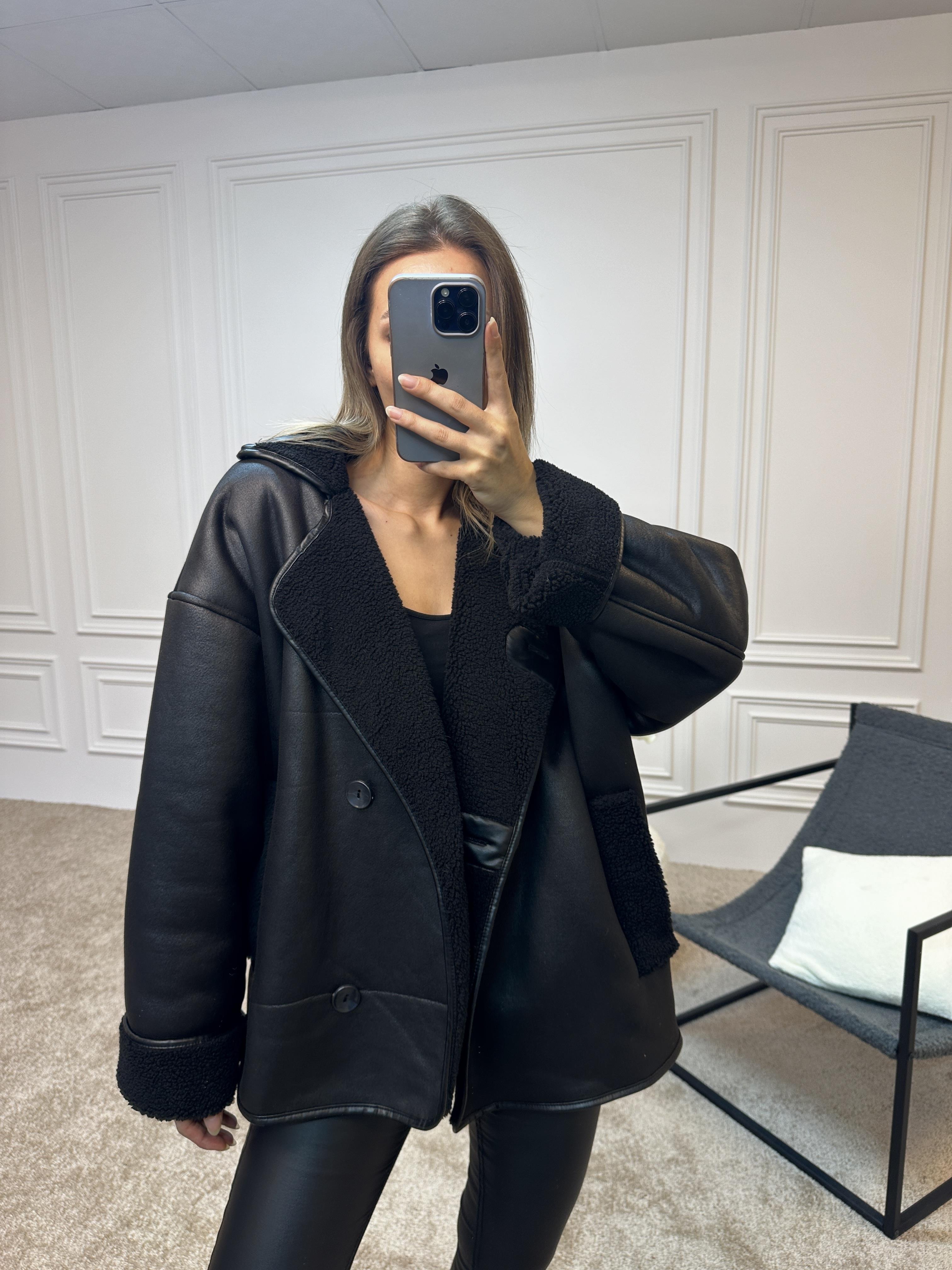 Else Siyah Dokulu Süet İçi Peluşlu Oversize ZR Model Mont