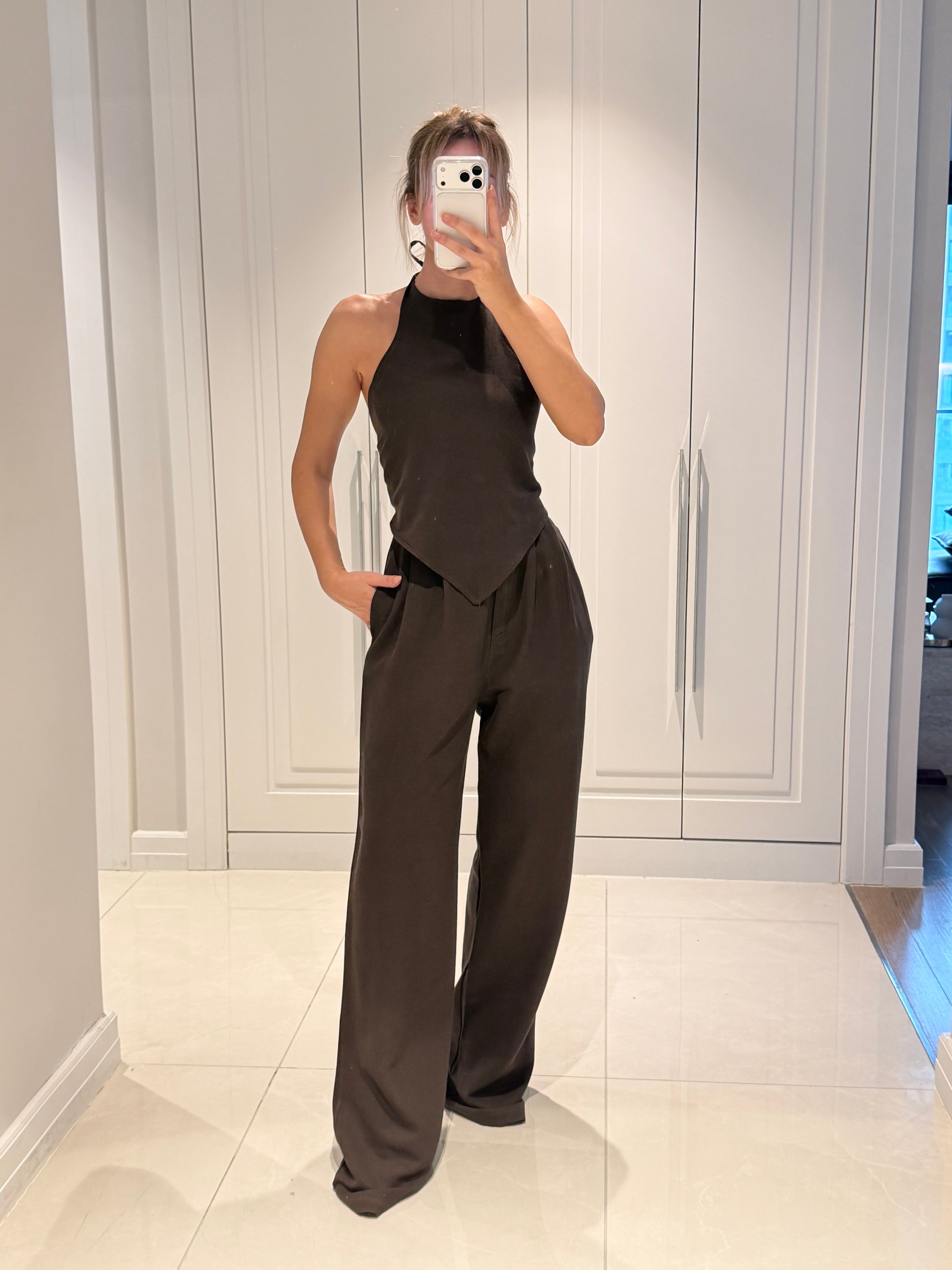 Emily Acı Kahve Bambu Keten Asimetrik Halter Yaka Bluz Pantolon Takım