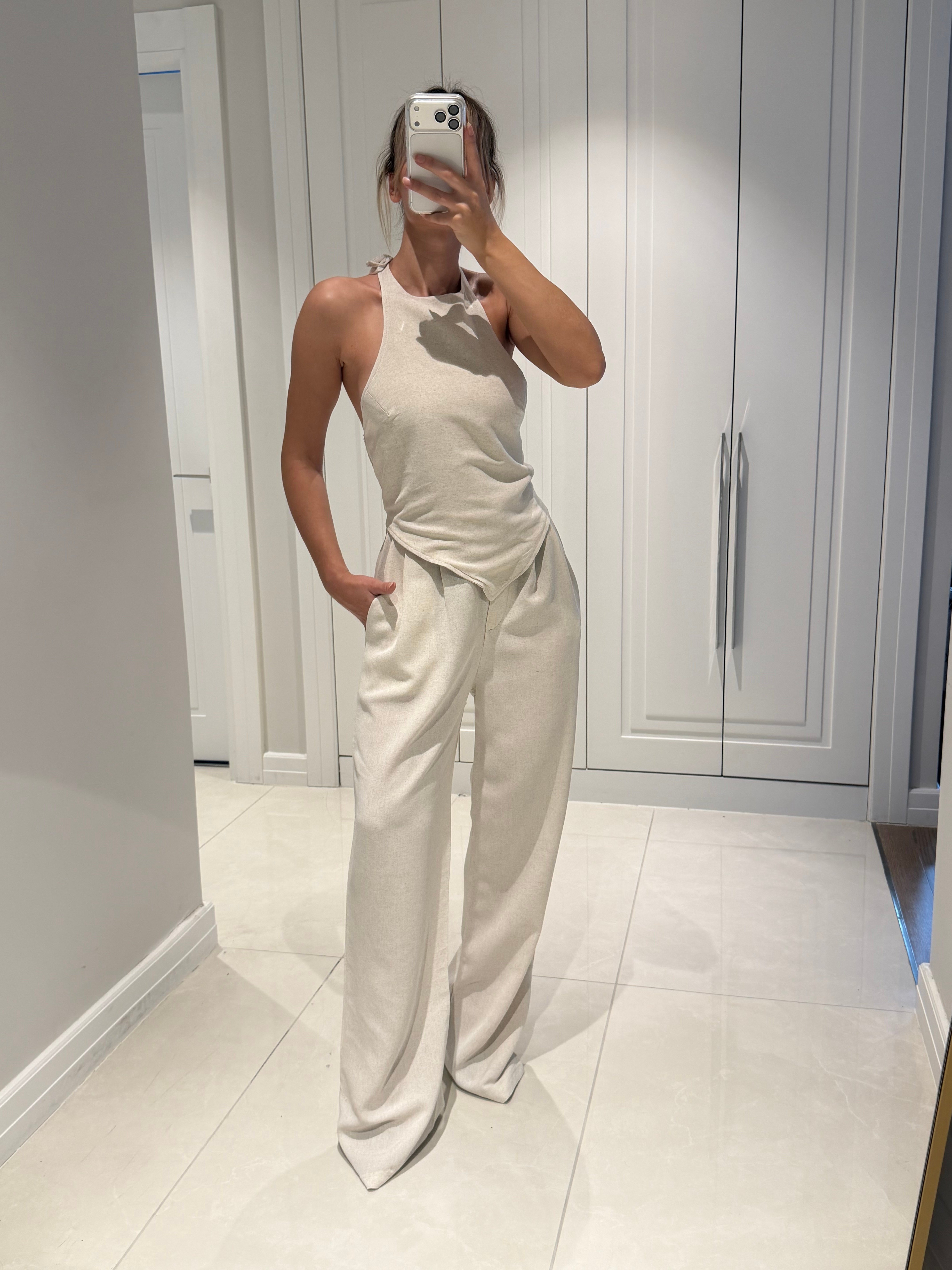 Emily Bej Bambu Keten Asimetrik Halter Yaka Bluz Pantolon Takım