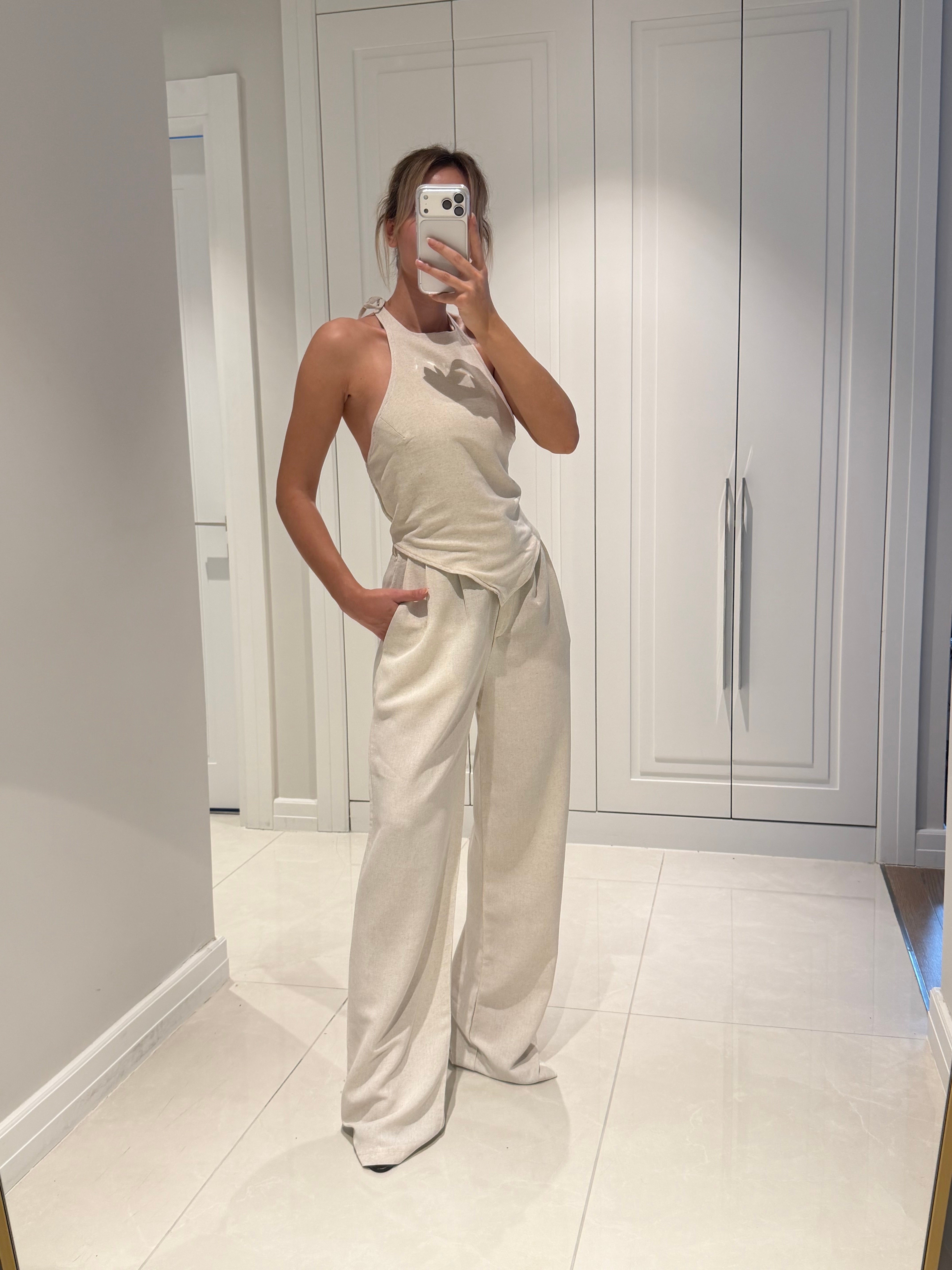 Emily Bej Bambu Keten Asimetrik Halter Yaka Bluz Pantolon Takım