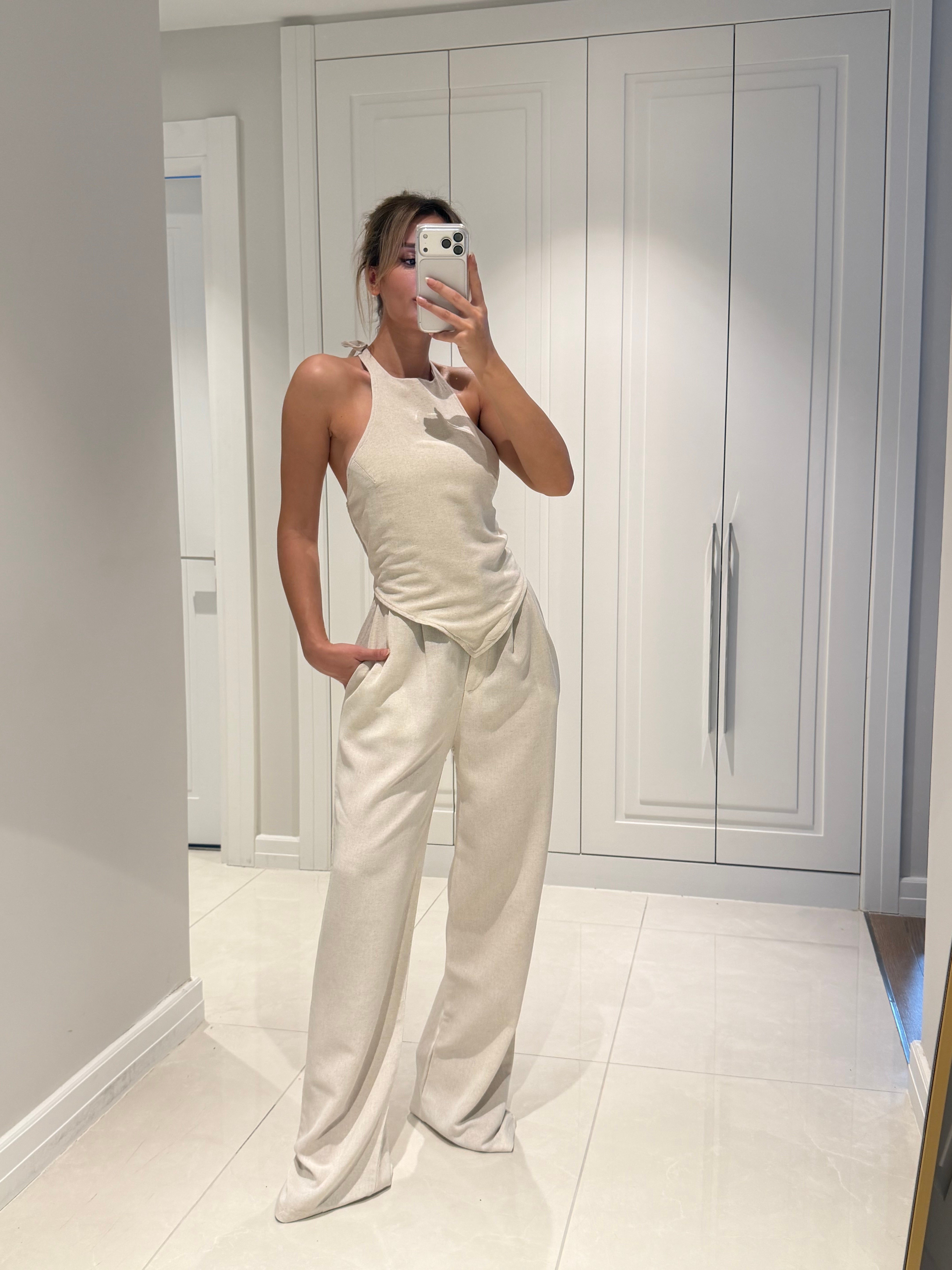 Emily Bej Bambu Keten Asimetrik Halter Yaka Bluz Pantolon Takım