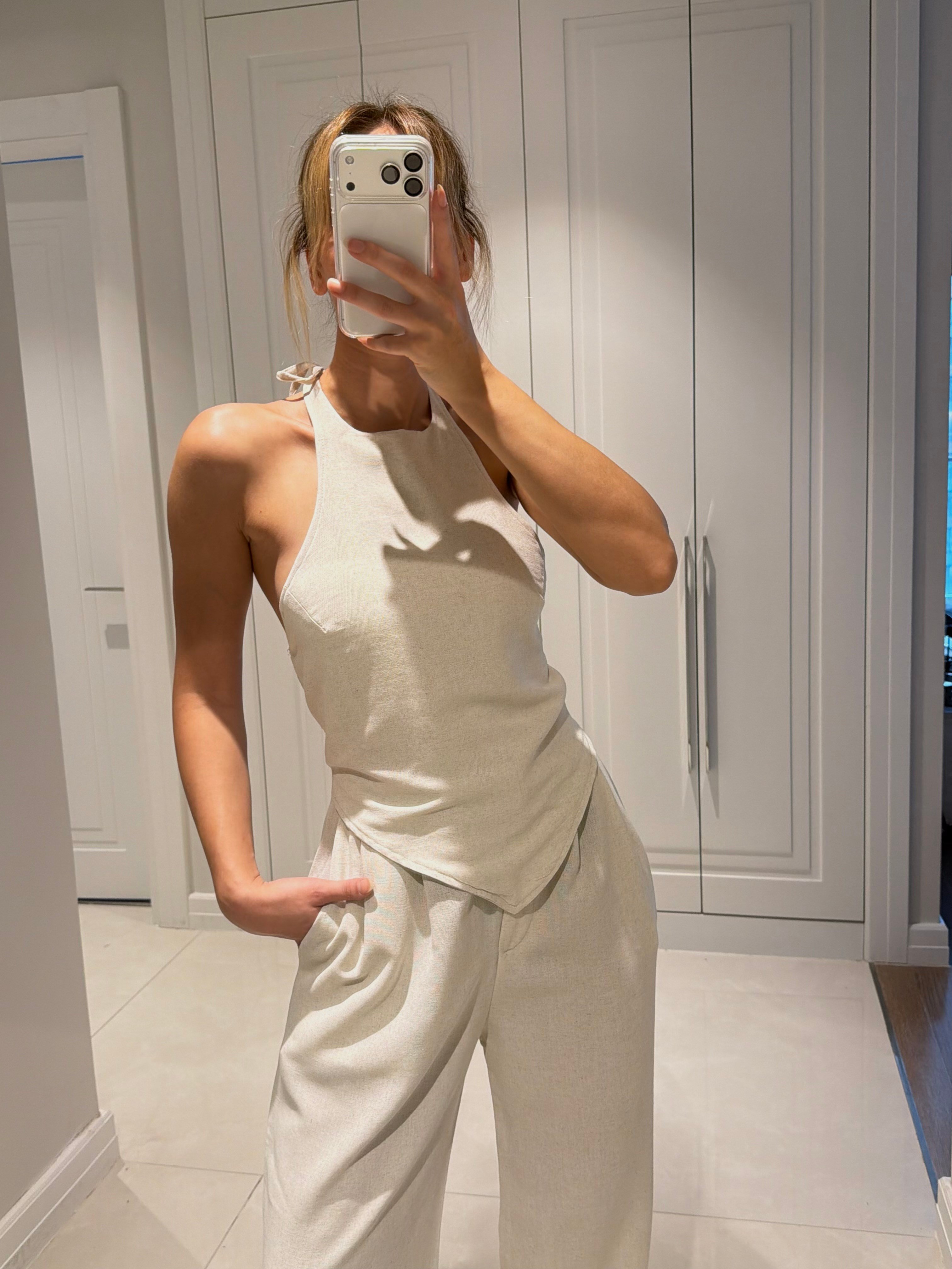 Emily Bej Bambu Keten Asimetrik Halter Yaka Bluz Pantolon Takım