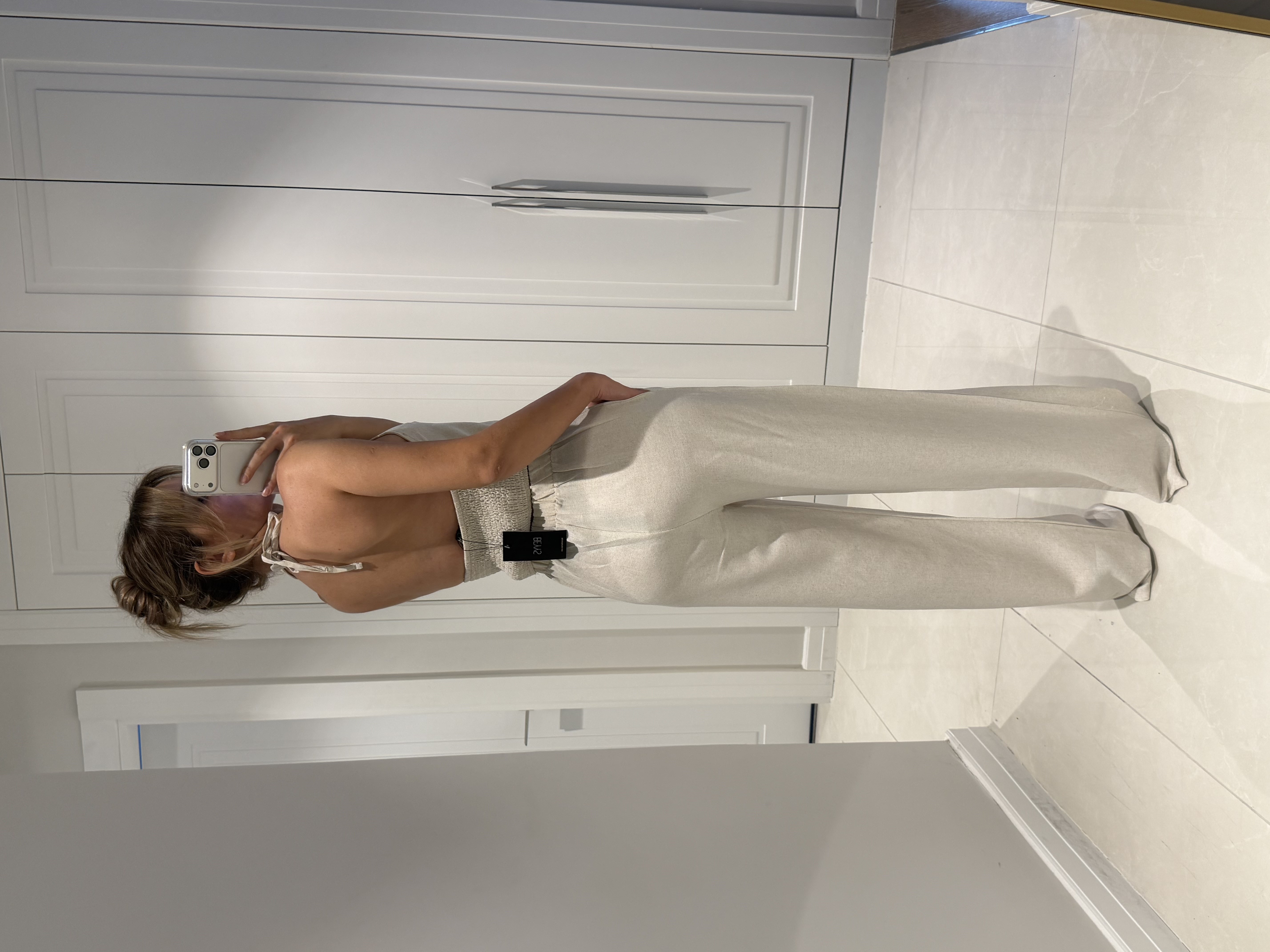 Emily Bej Bambu Keten Asimetrik Halter Yaka Bluz Pantolon Takım