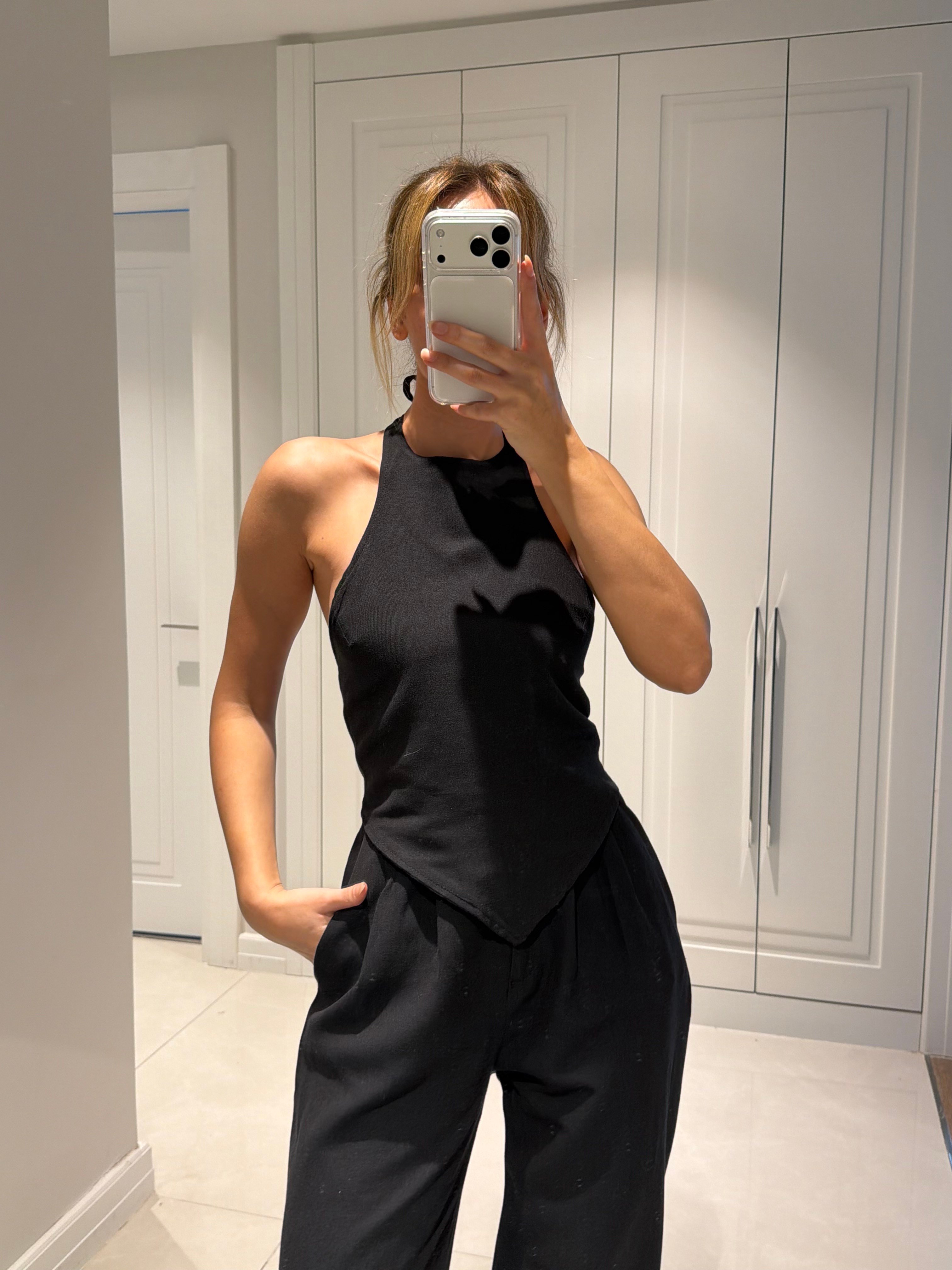 Emily Siyah Bambu Keten Asimetrik Halter Yaka Bluz Pantolon Takım