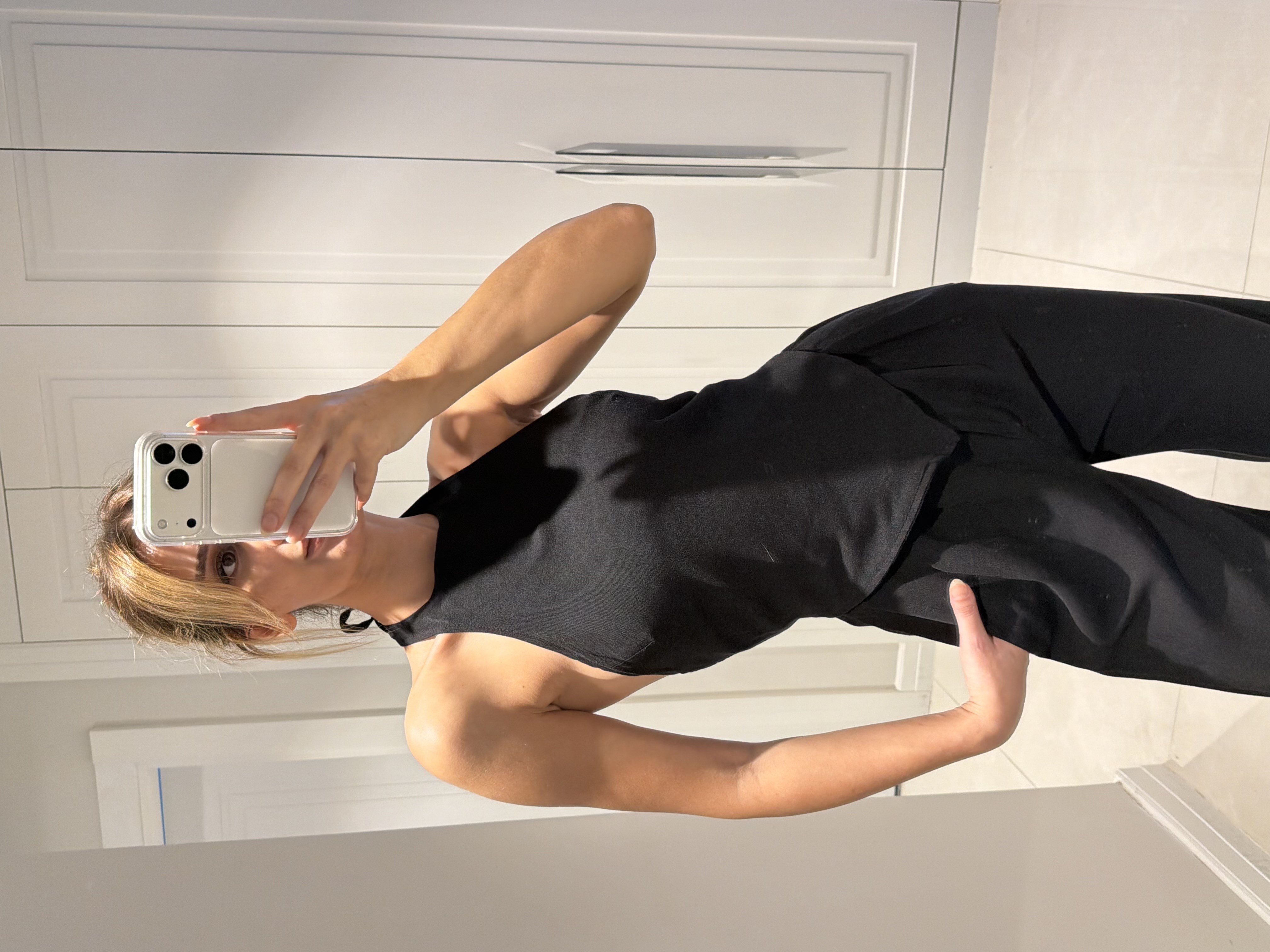 Emily Siyah Bambu Keten Asimetrik Halter Yaka Bluz Pantolon Takım