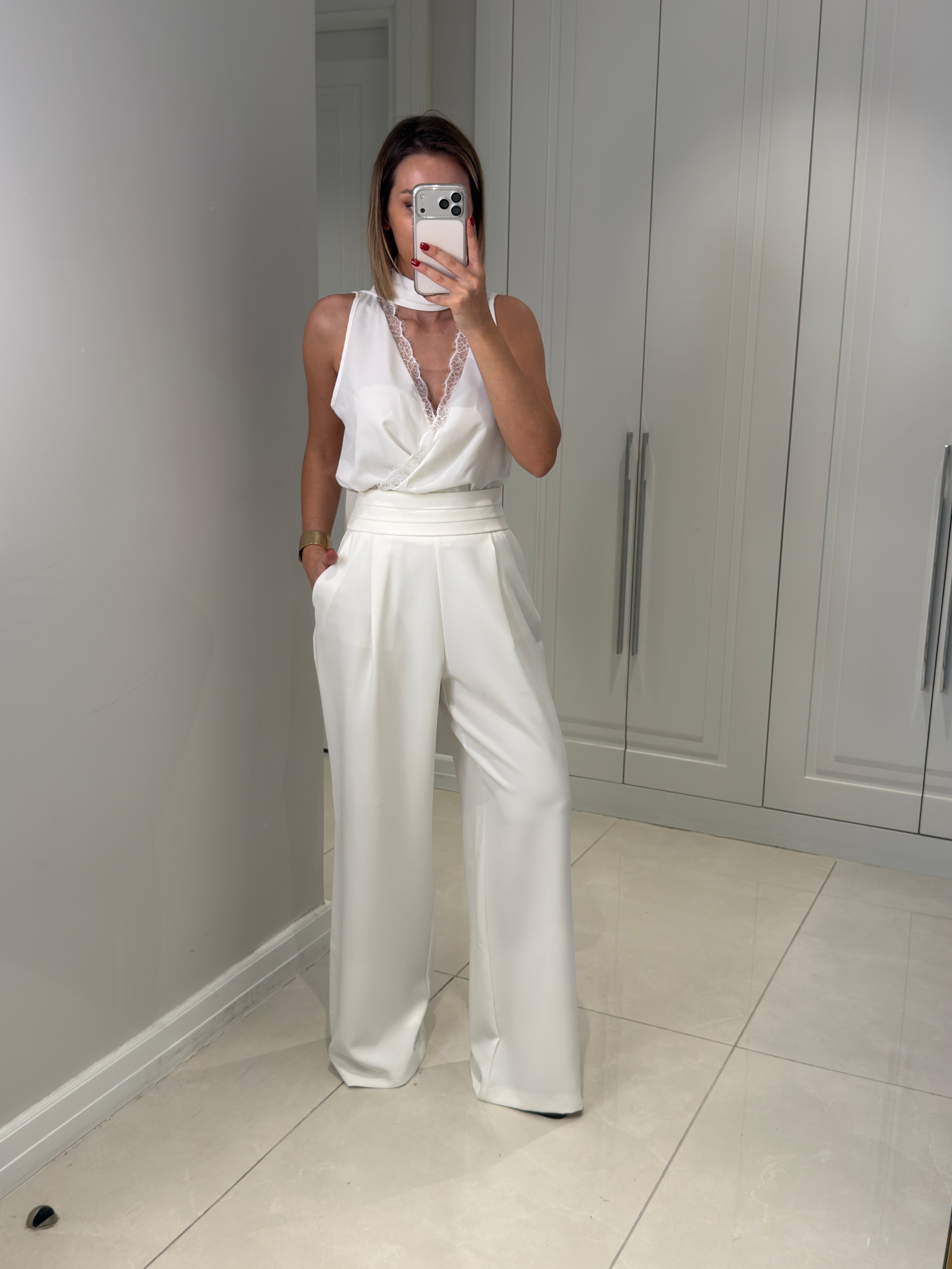 Grace Beyaz Bel Detaylı Cepli Pantolon