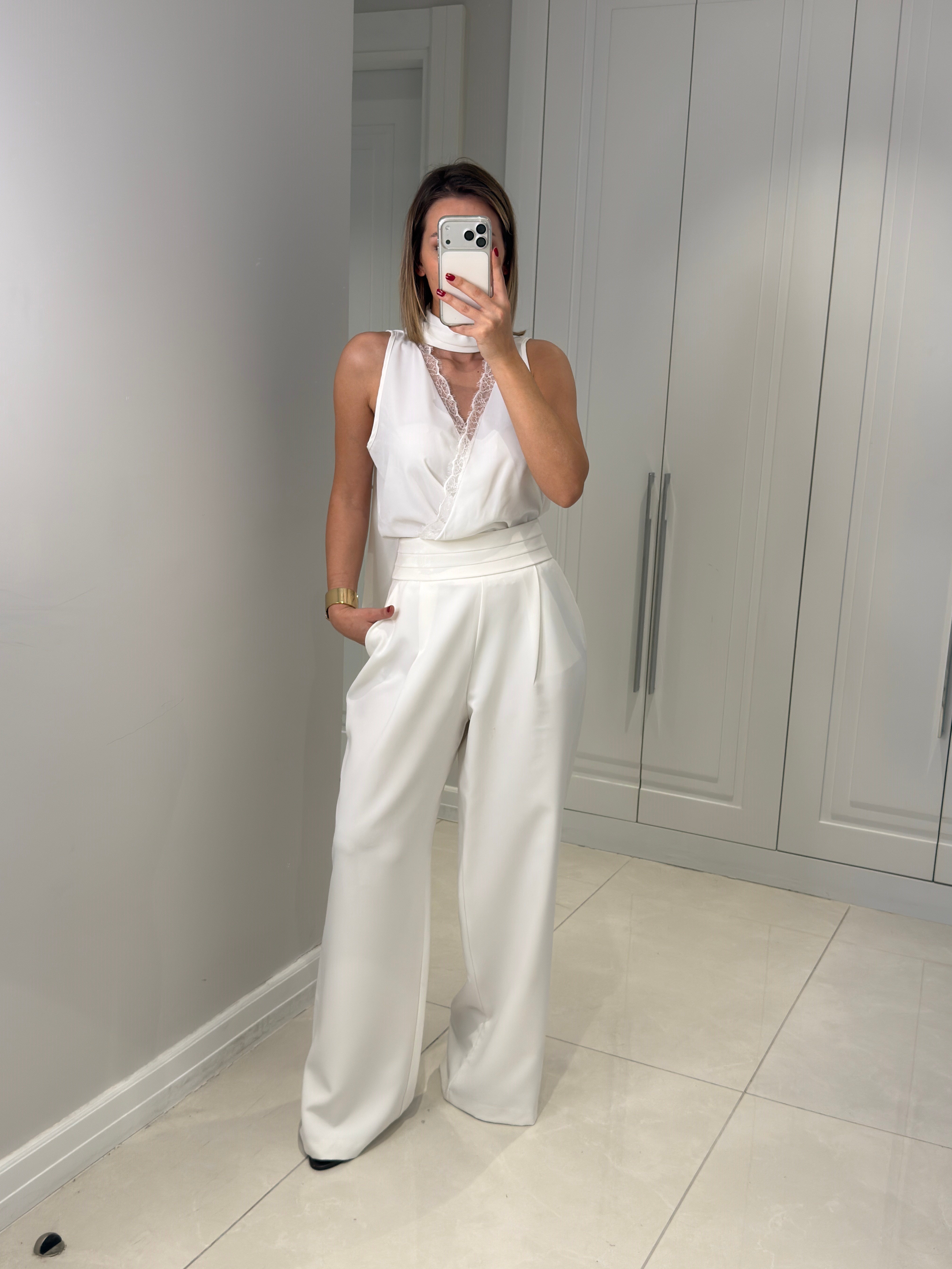 Grace Beyaz Bel Detaylı Cepli Pantolon