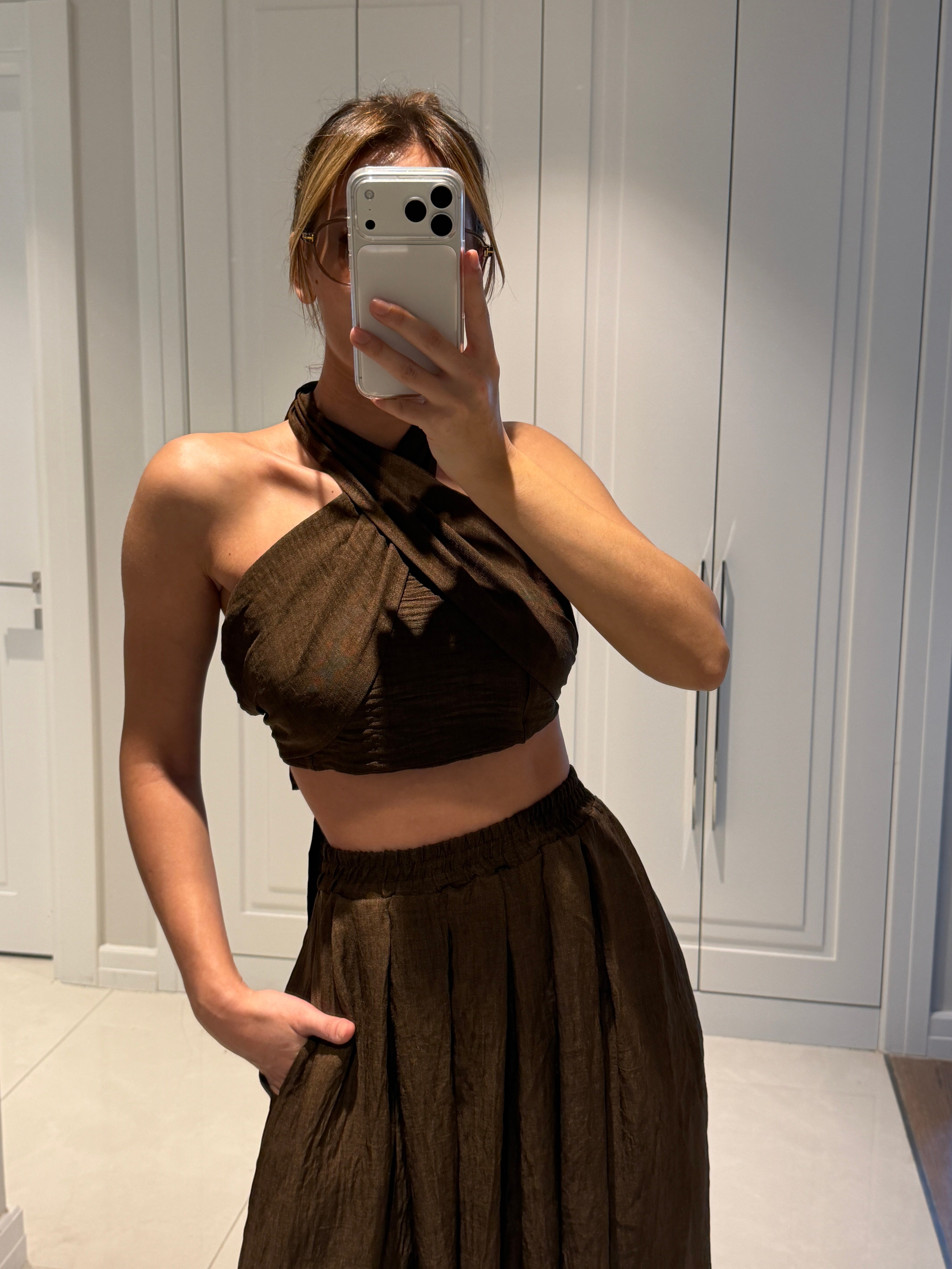 Kahlan Acı Kahve Etekli Crop Takım
