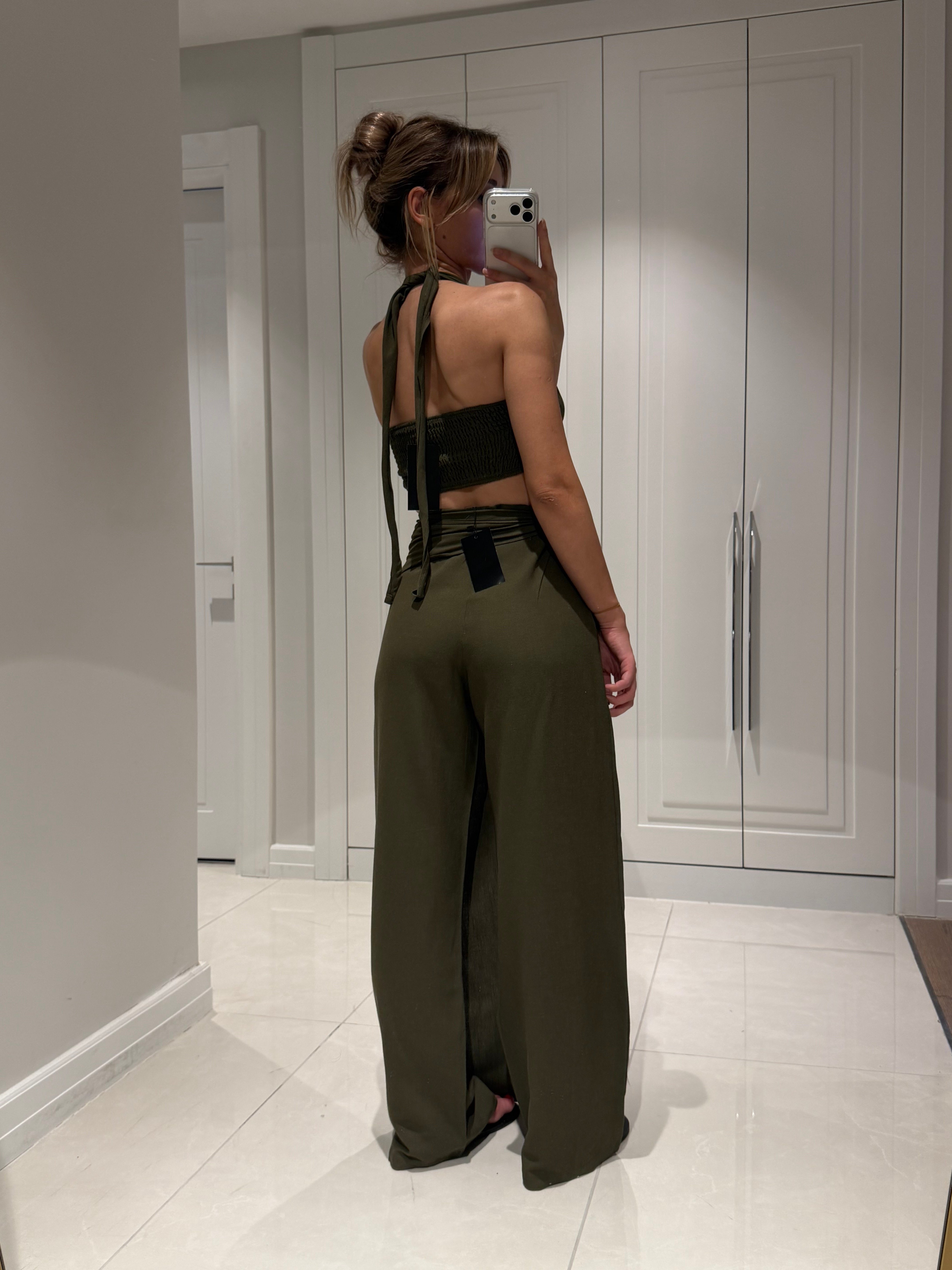 Lake Haki Crop Bağlamalı Kapaklı Pantolon Bluz Takım