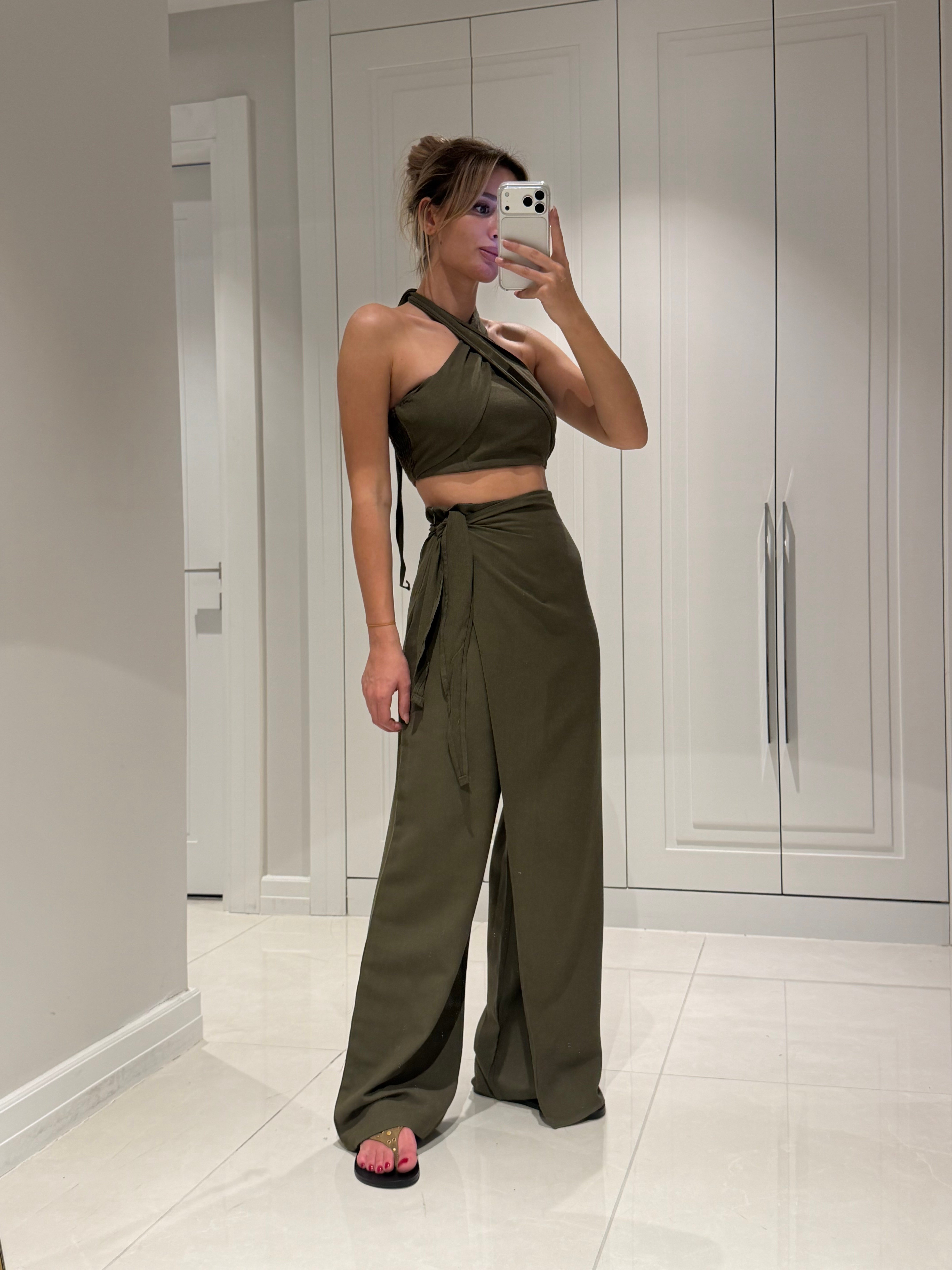 Lake Haki Crop Bağlamalı Kapaklı Pantolon Bluz Takım