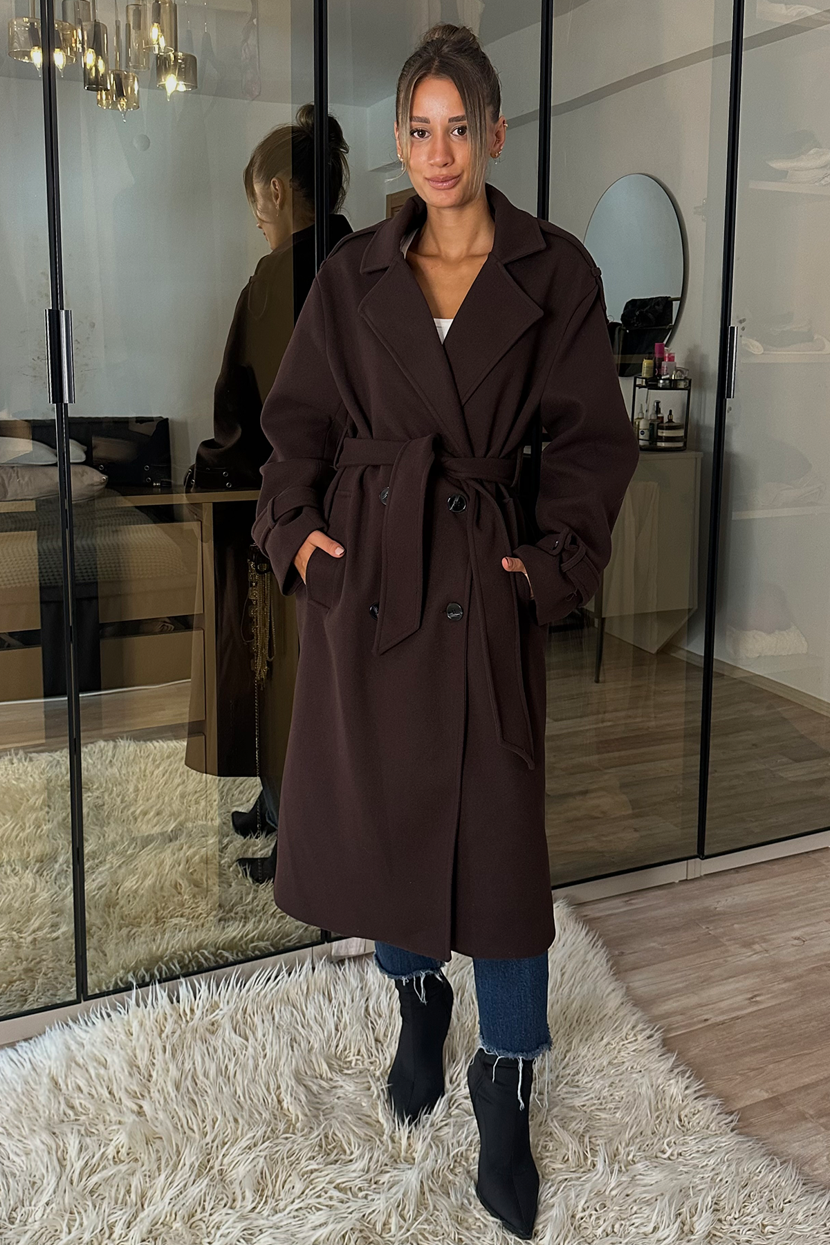 Laura Acı Kahve Kuşaklı Kaşe Kaban