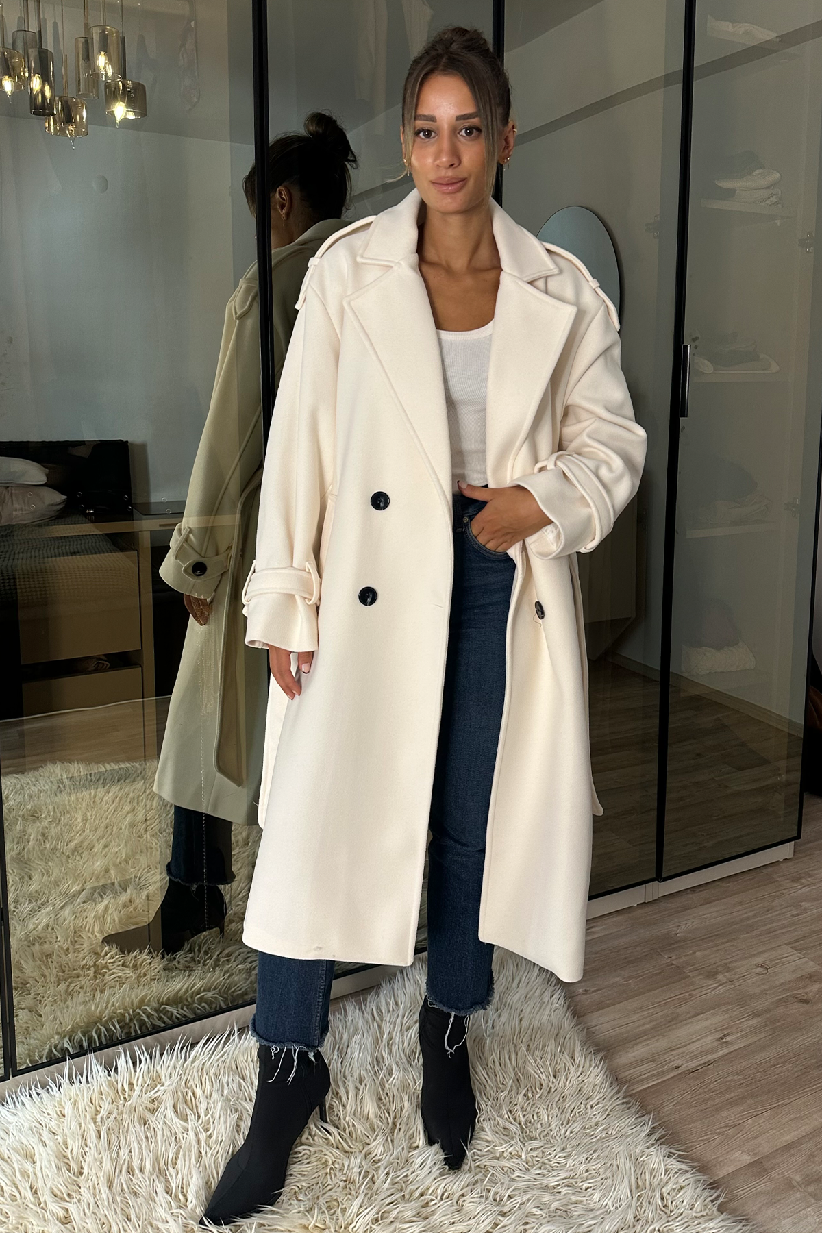 Laura Ekru Kuşaklı Kaşe Kaban