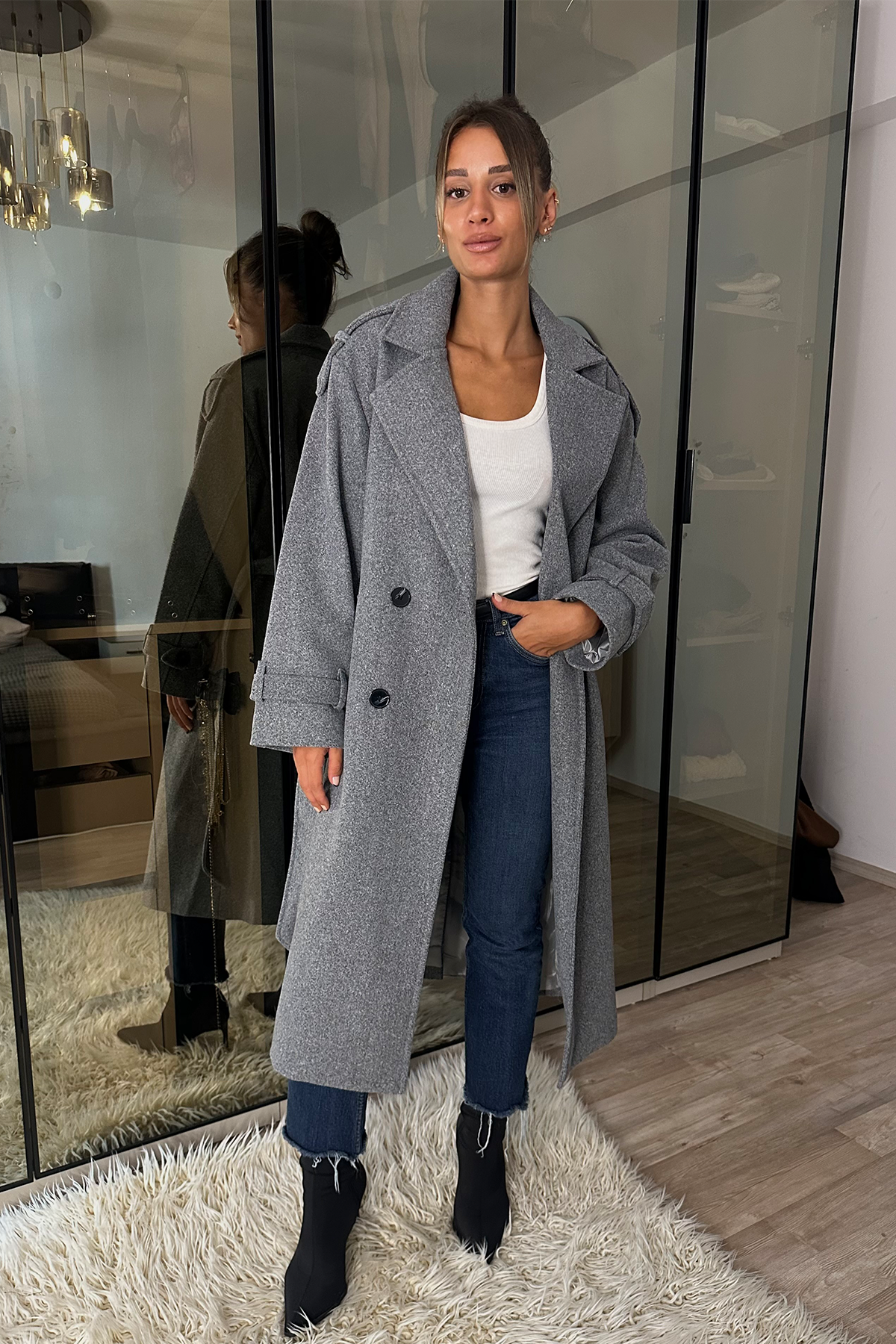 Laura Gri Kuşaklı Kaşe Kaban