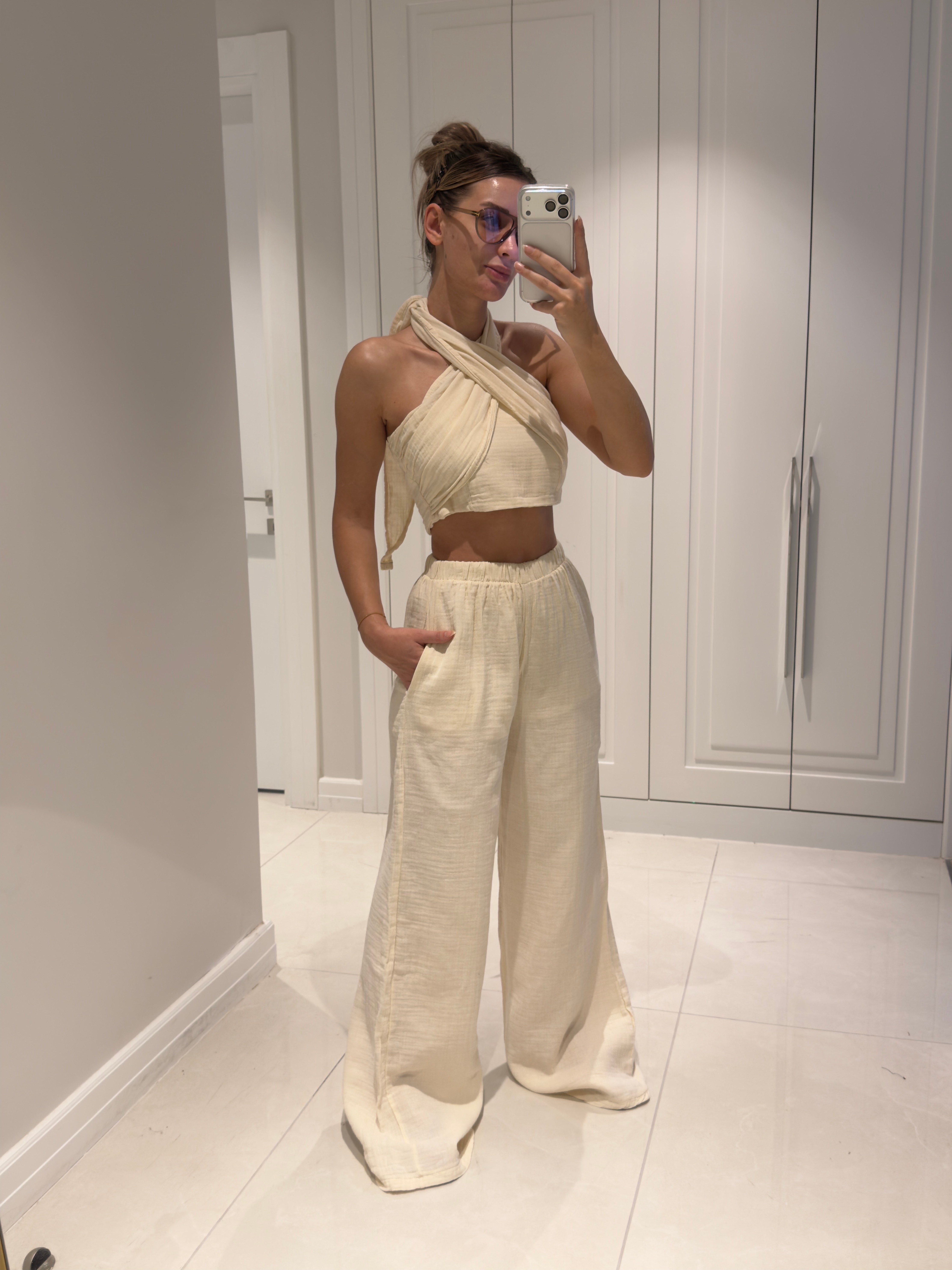Mia Ekru Müslin Kumaş Boyundan Bağlamalı Pantolon Bluz Takım