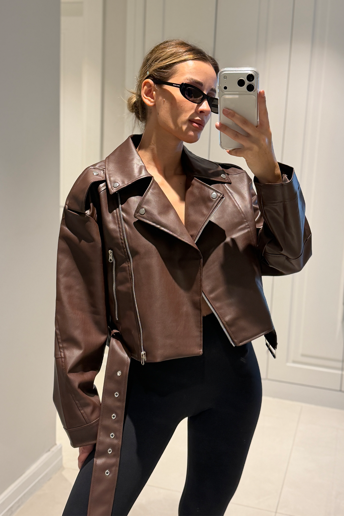 Patricia Acı Kahve Kemerli Biker Deri Ceket