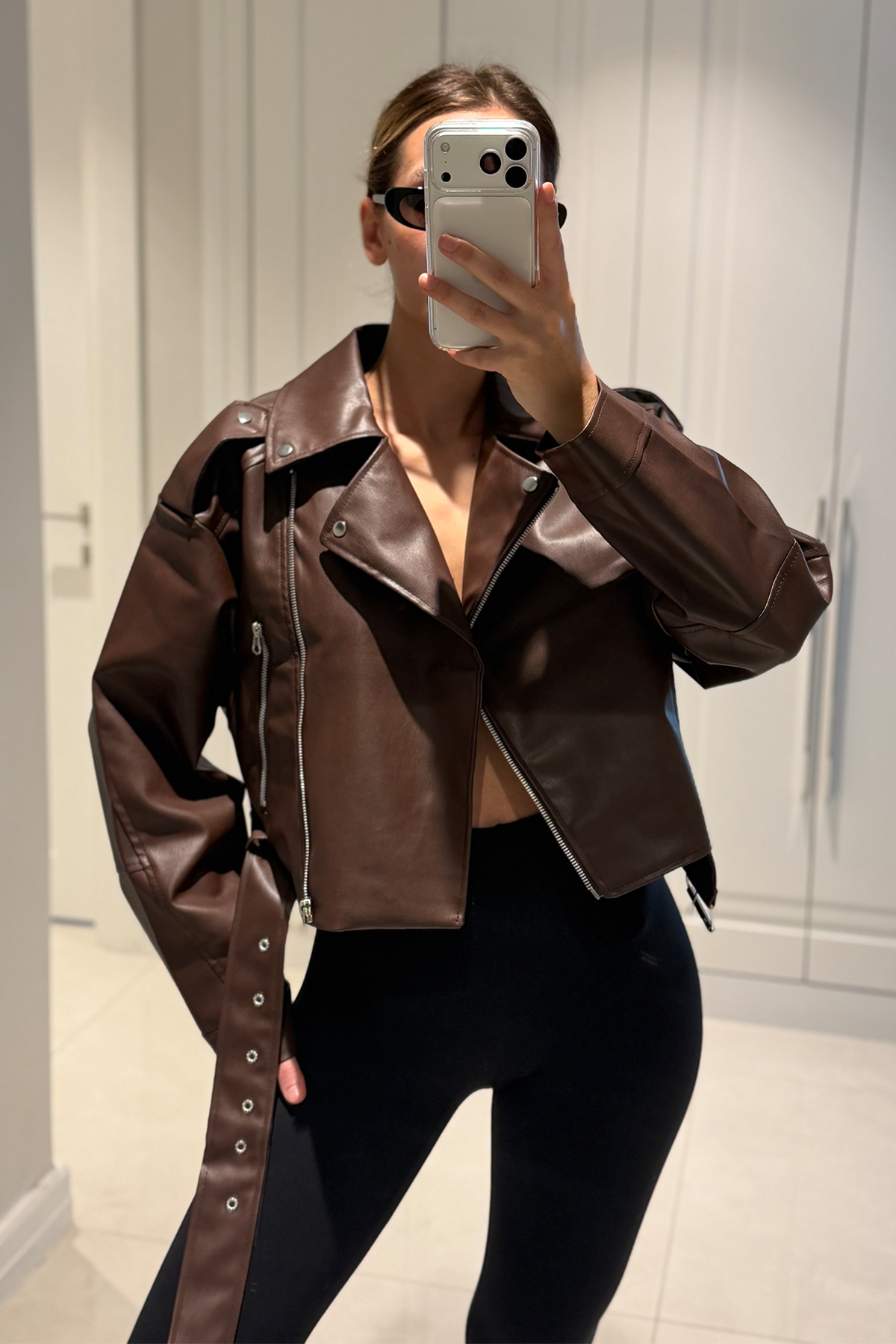 Patricia Acı Kahve Kemerli Biker Deri Ceket