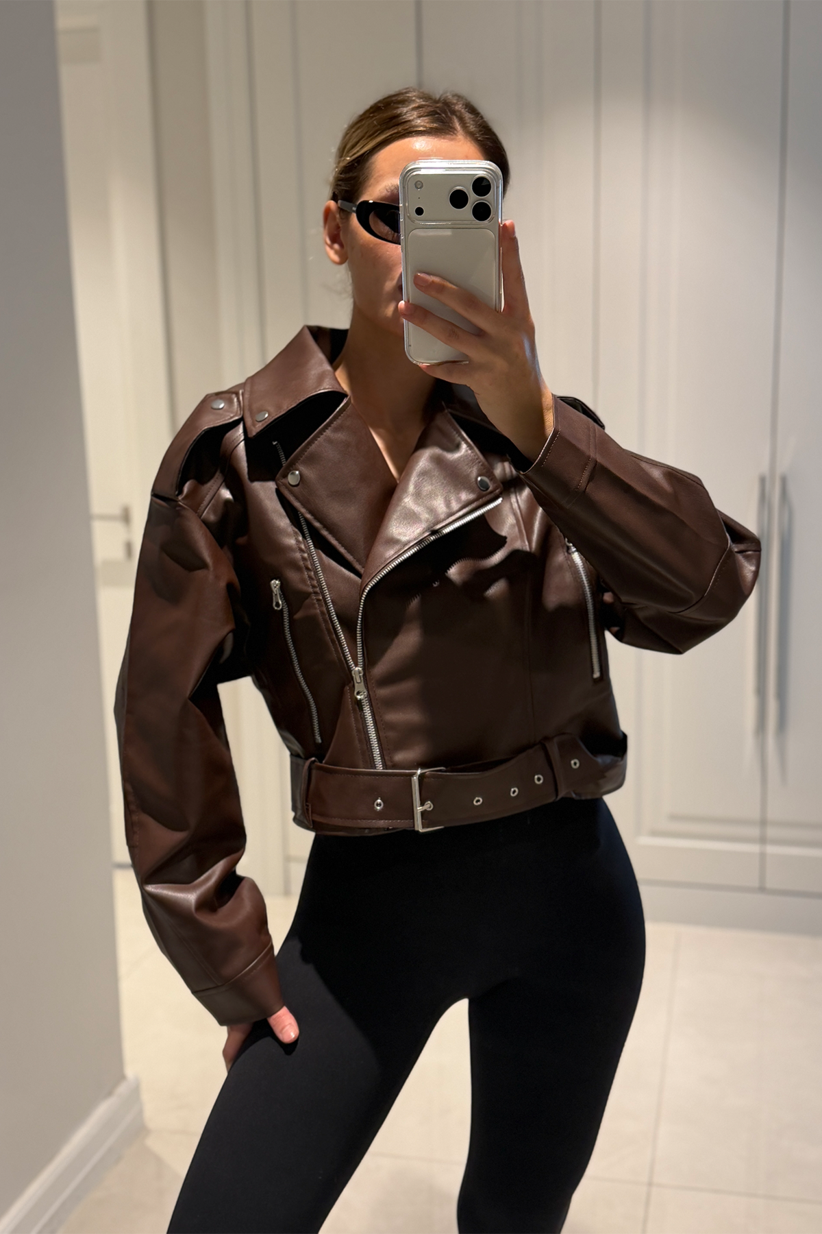 Patricia Acı Kahve Kemerli Biker Deri Ceket