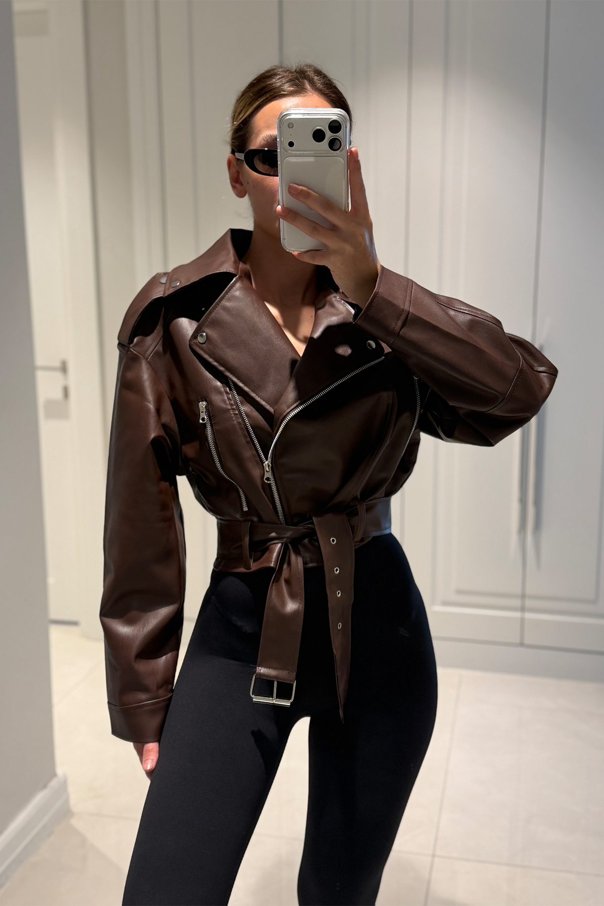 Patricia Acı Kahve Kemerli Biker Deri Ceket