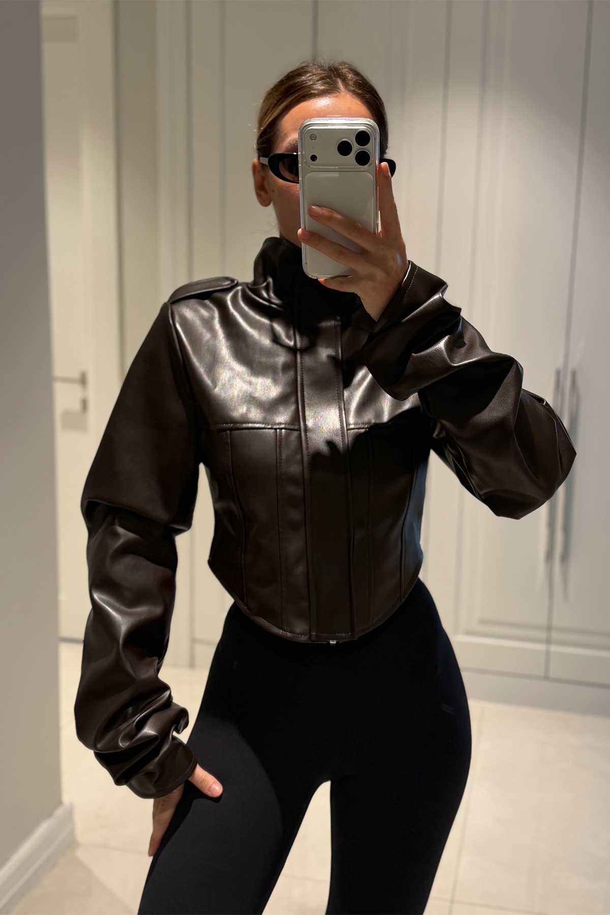 Rebecca Acı Kahve Crop Deri Ceket