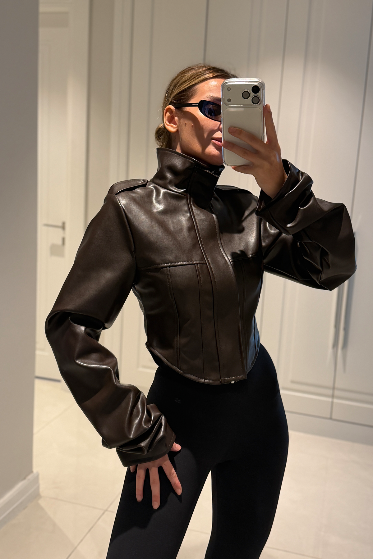 Rebecca Acı Kahve Crop Deri Ceket